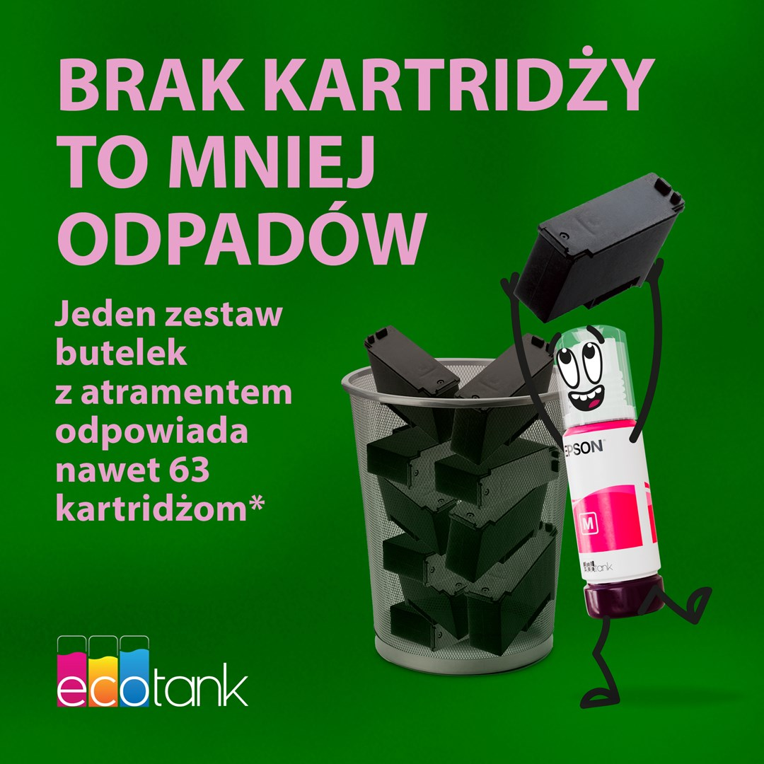 Reklama Epson EcoTank z butelką wrzucającą kartridże do kosza.