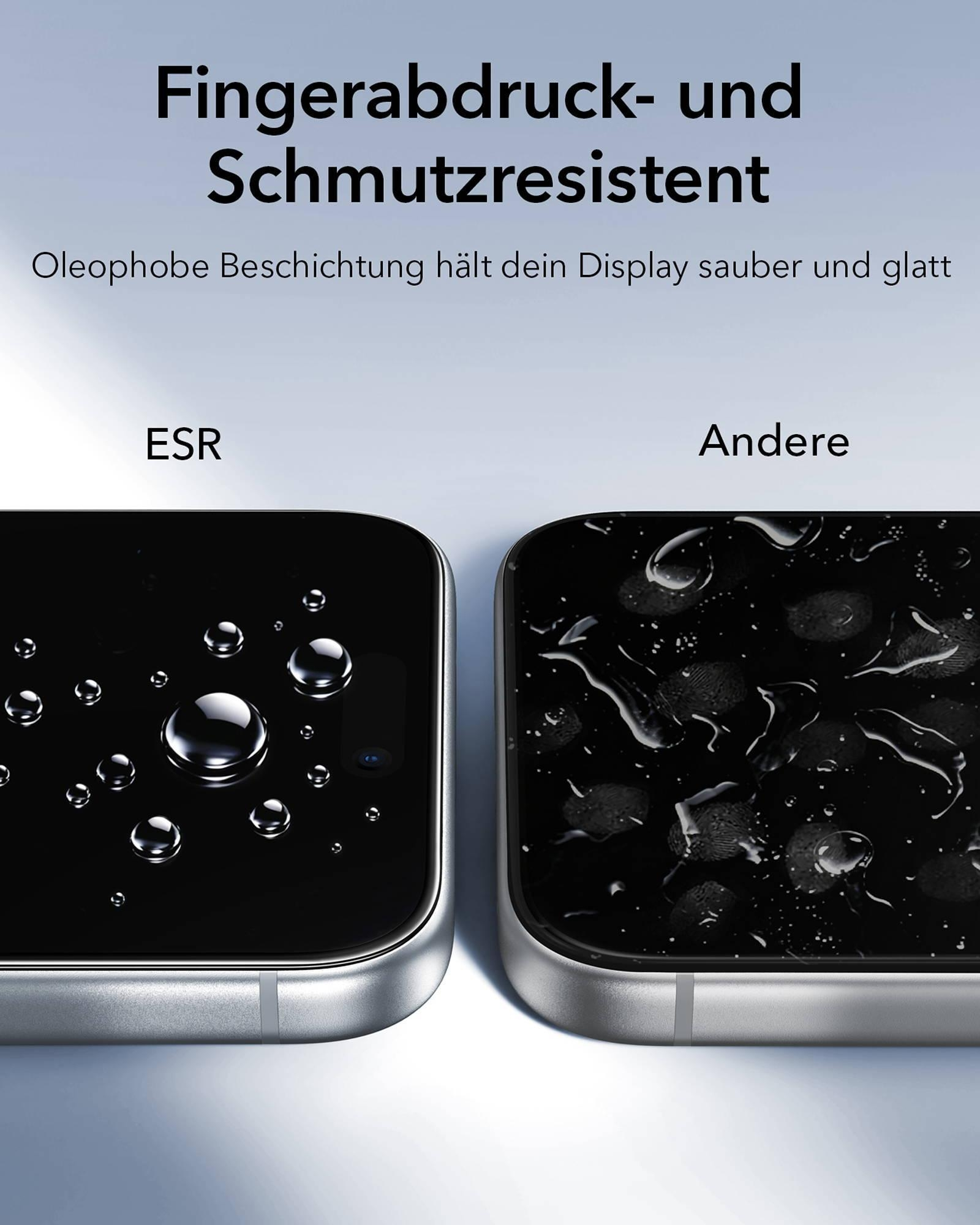 Vergleich von Telefonbildschirmen mit Öl- und Fingerabdruckresistenz bei ESR und einer anderen Marke.