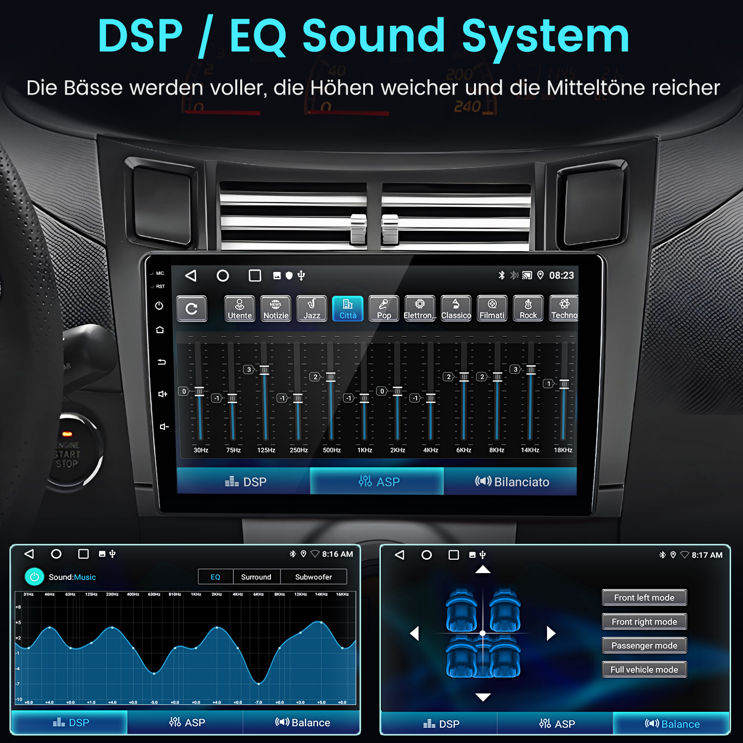 Autocockpit mit Digitalbildschirm und grafischen Equalizer-Einstellungen für das DSP-Soundsystem.