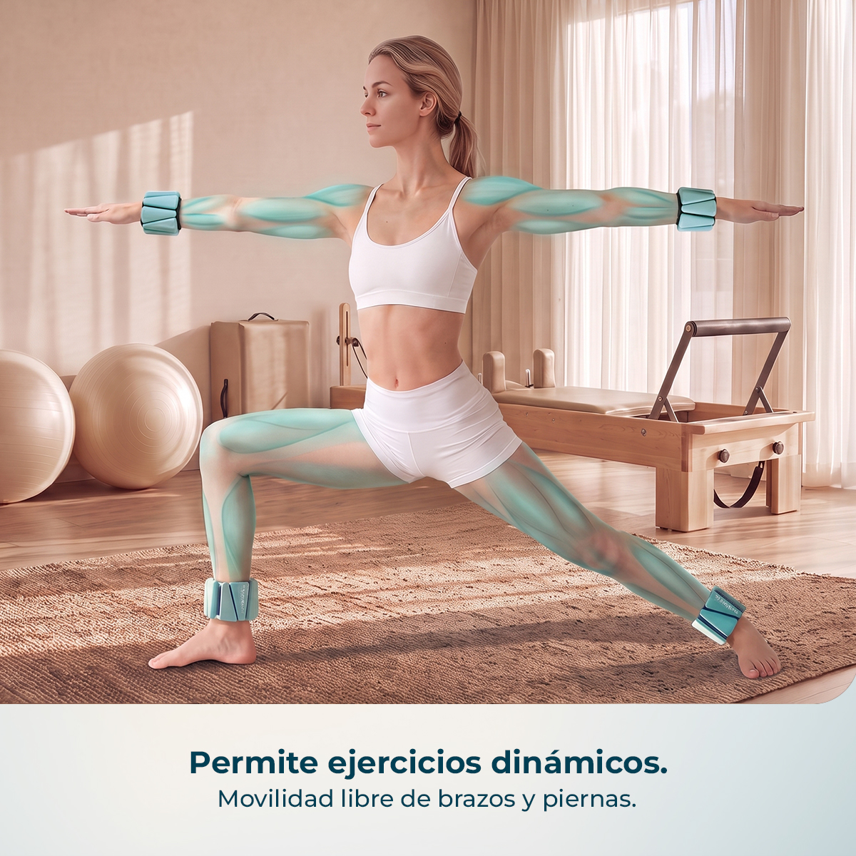 Donna in abbigliamento sportivo bianco fa yoga con pesi a polsi e caviglie.
