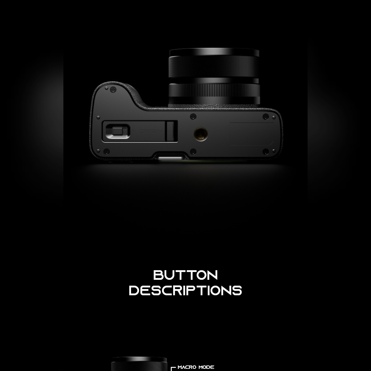 Unteransicht einer schwarzen Kamera mit Objektiv, Stativgewinde und Akkufach, betitelt Button Descriptions.