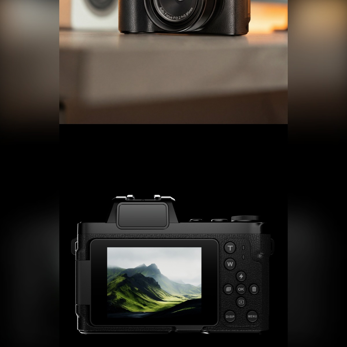 Schwarze Digitalkamera auf einer hellen Oberfläche, unten die Rückseite mit einem grünen Landschaftsbild.