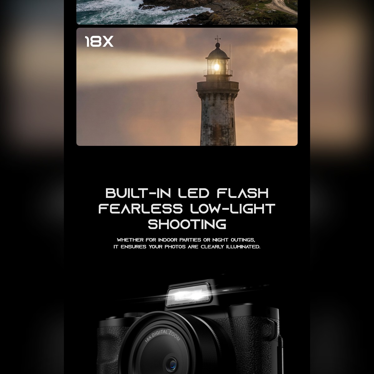 Produktwerbung für eine Kamera mit LED-Blitzlicht und Leuchtturm-Bild.