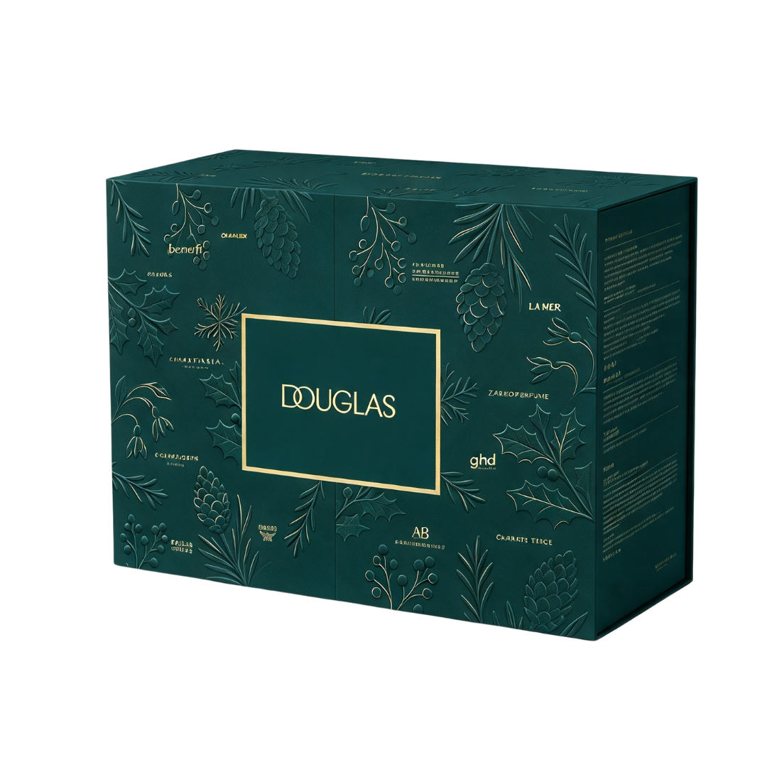 Dunkelgrüne Douglas Geschenkbox mit goldenen Tannenzapfen- und Blättermustern.