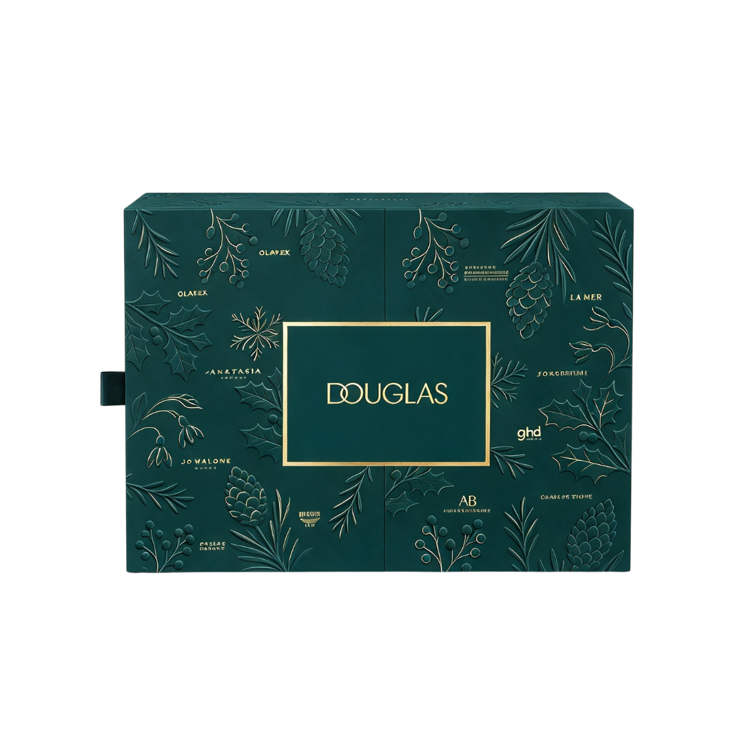 Dunkelgrüner Douglas Adventskalender mit goldener Schrift und botanischen Prägungen.