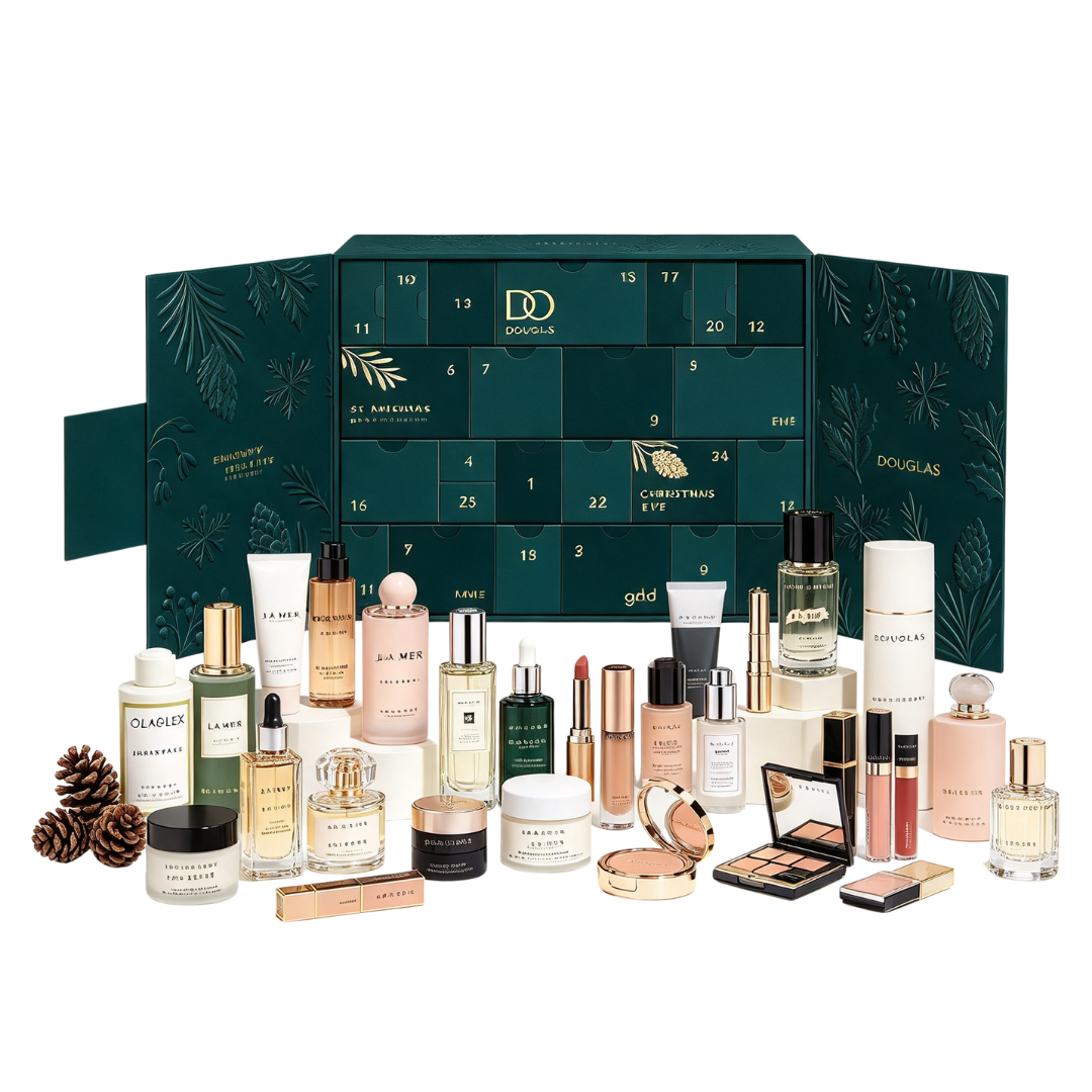 Ein offener grüner Adventskalender mit Douglas-Logo und verschiedenen Kosmetik- und Pflegeprodukten davor.
