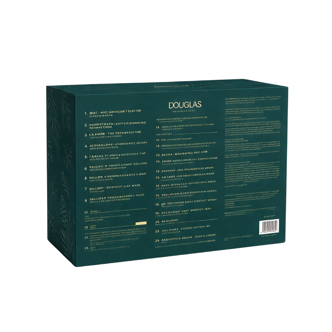 Dunkelgrüne Douglas Geschenkbox mit goldener Schrift und einer nummerierten Produktliste.