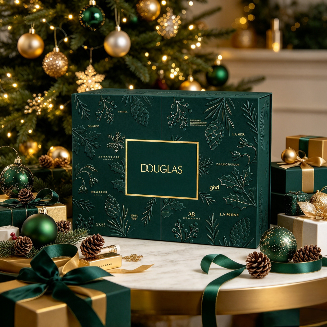 Grüner Douglas Adventskalender auf einem Tisch, umgeben von Weihnachtsgeschenken und Tannenzweigen vor einem Tannenbaum.