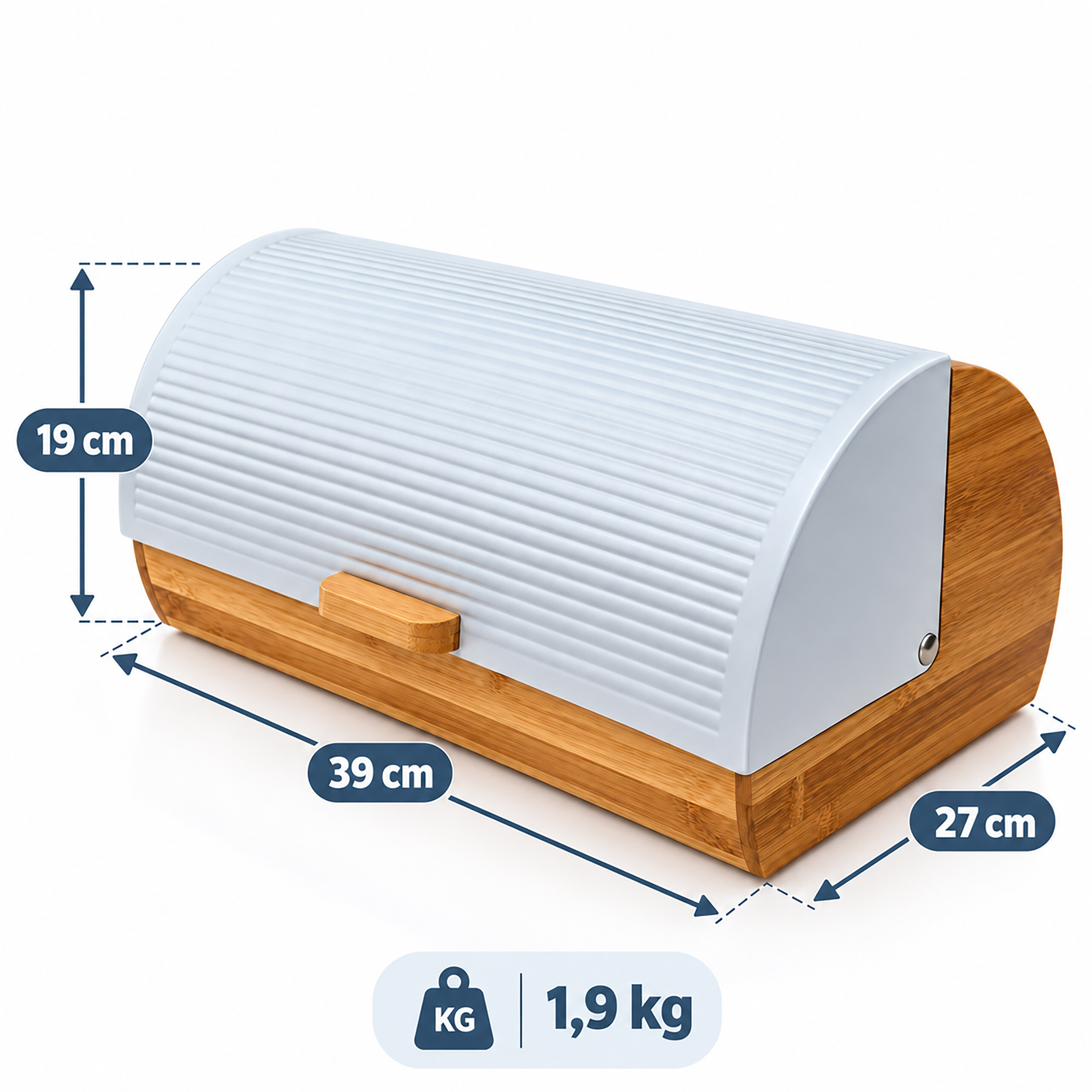 Bambus-Brotkasten mit weißem Rollladen, Maße 39x27x19 cm und 1,9 kg.