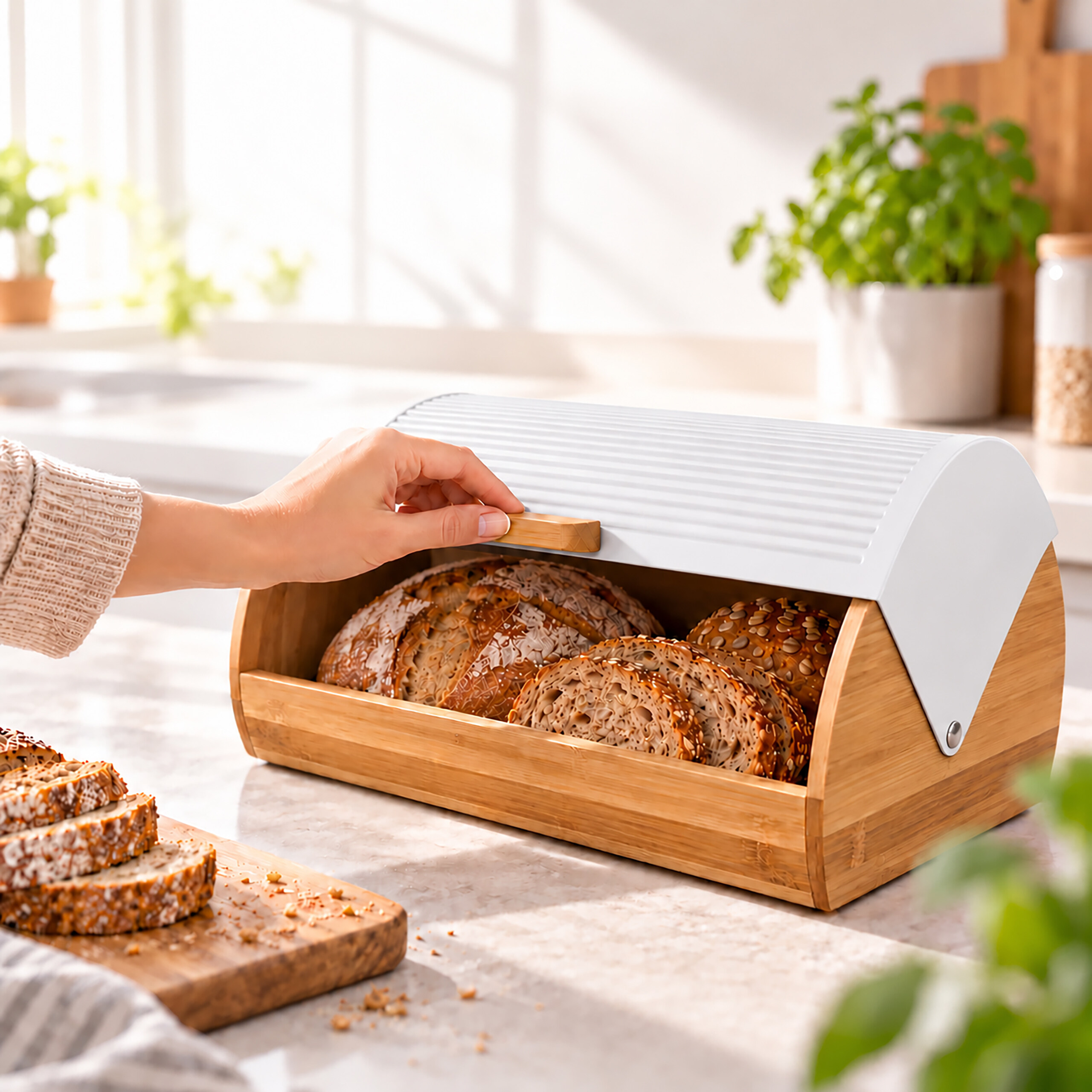 Eine Hand öffnet einen Brotkasten aus Holz und weißem Metall mit geschnittenem Brot auf einer Küchentheke.