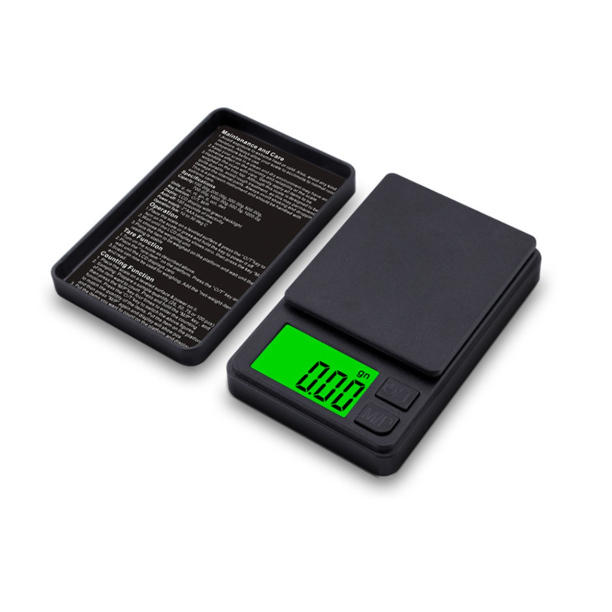 Eine schwarze digitale Taschenwaage mit grünem Display neben ihrer Schutzabdeckung mit Anweisungen.