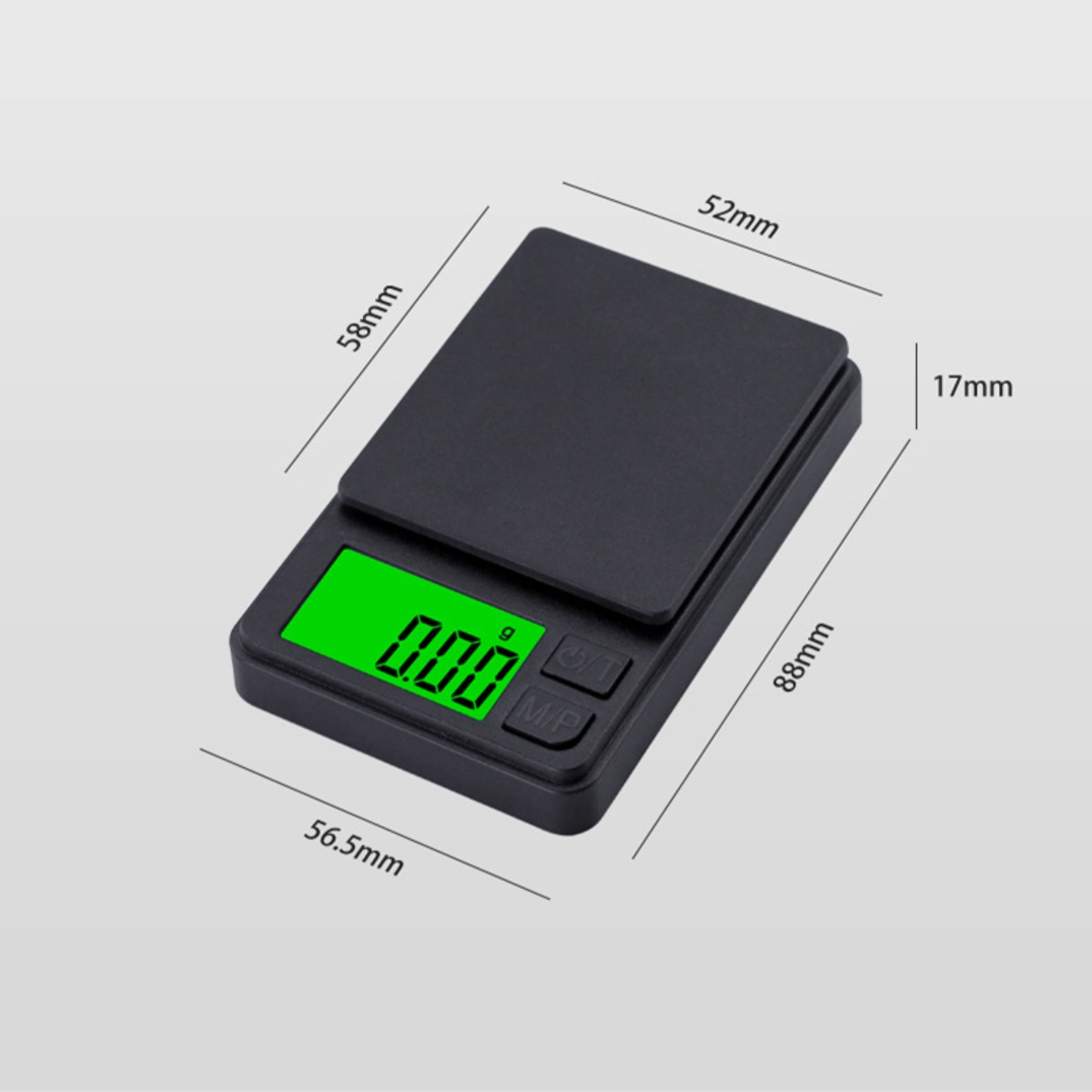 Schwarze digitale Taschenwaage mit grünem Display und Maßen in Millimetern auf hellem Grund.
