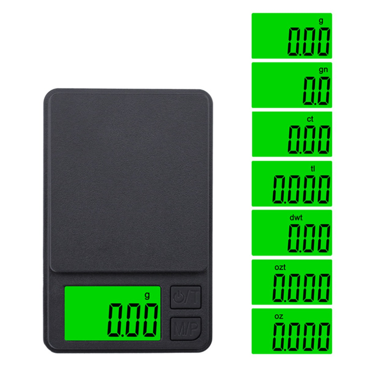 Eine schwarze Digitalwaage mit grünem Display und sieben Beispielen für verschiedene Gewichtseinheiten rechts.