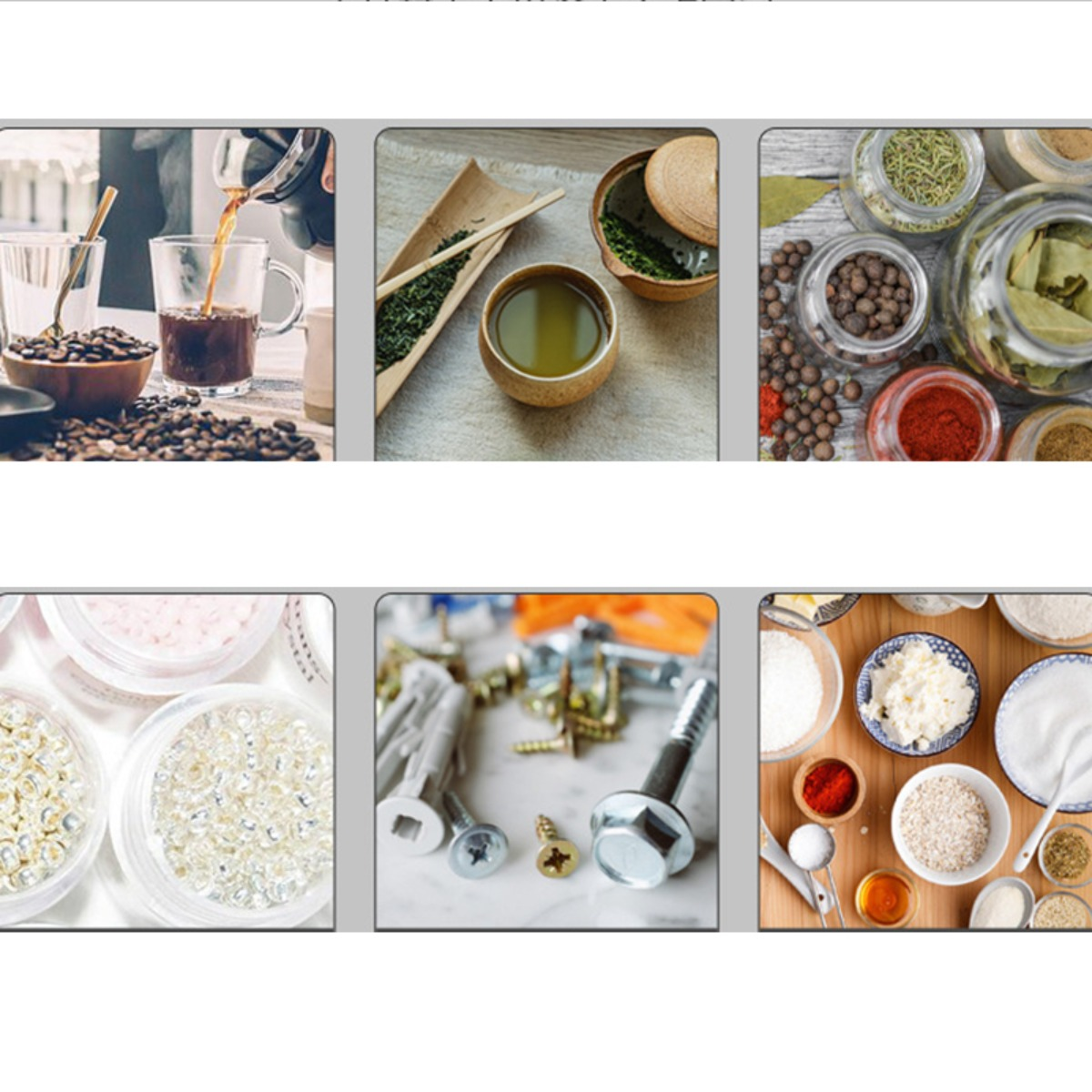 Sechs Bilder zeigen Kaffeekochen, Tee, Gewürze, Perlen, Schrauben und Backzutaten auf Holztischen.
