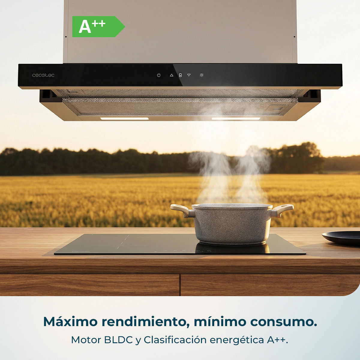 Una campana extractora sobre una placa con una olla humeante, con fondo de campo rural.