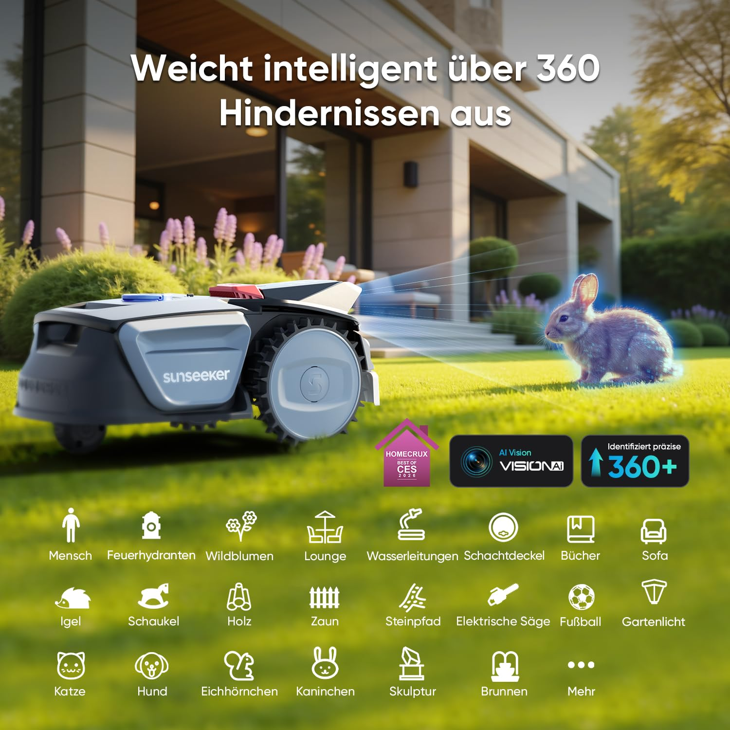 Ein Mähroboter auf grünem Gras erkennt ein Kaninchen mit KI-Sicht und zeigt Symbole von Hindernissen.