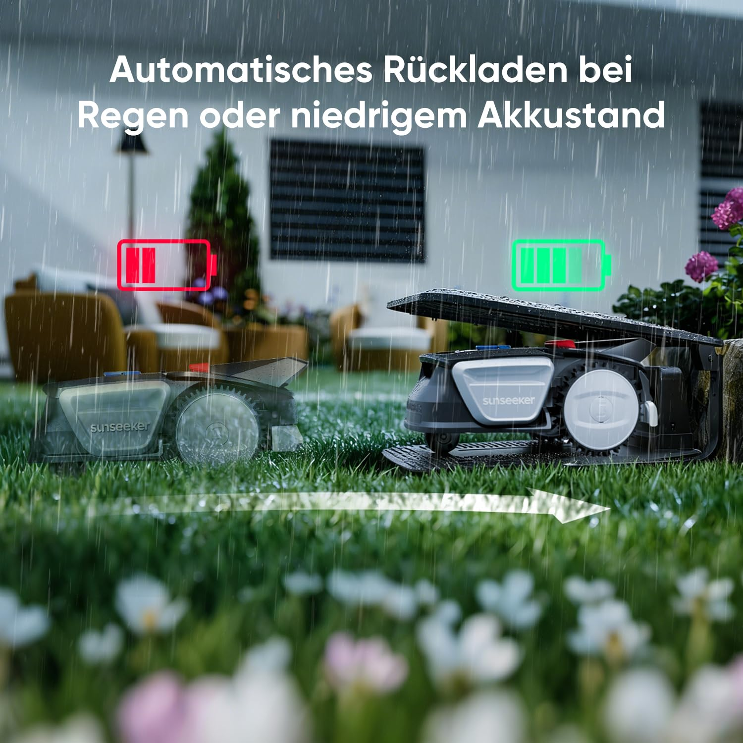 Ein Mähroboter kehrt bei Regen automatisch zur Ladestation zurück.