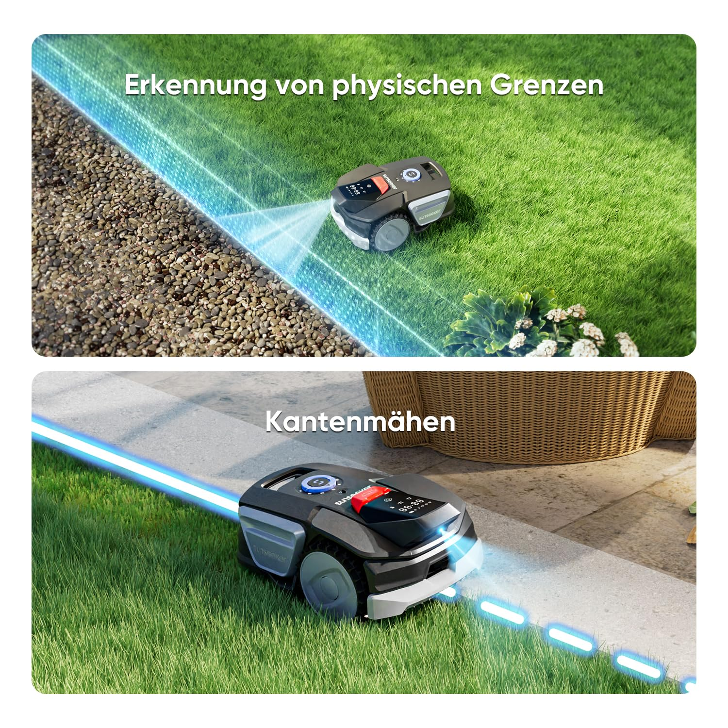 Ein schwarzer Mähroboter mäht Kanten und erkennt physische Grenzen auf dem Rasen.