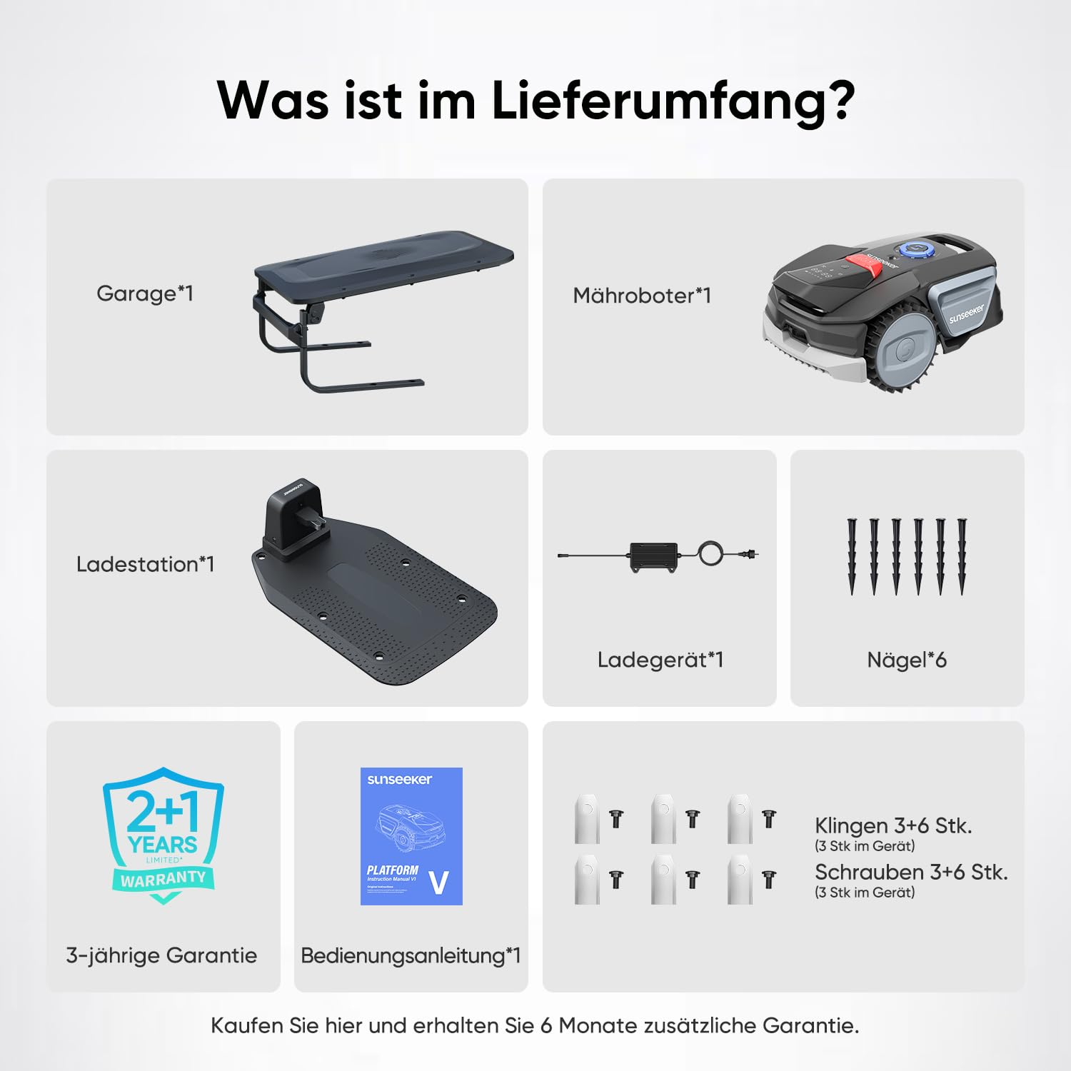Übersicht des Lieferumfangs mit Mähroboter, Garage, Ladestation, Netzteil, Nägeln, Anleitung und Zubehör.