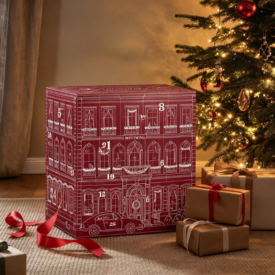 Ein roter, hausförmiger Adventskalender steht neben Geschenken und einem Weihnachtsbaum.