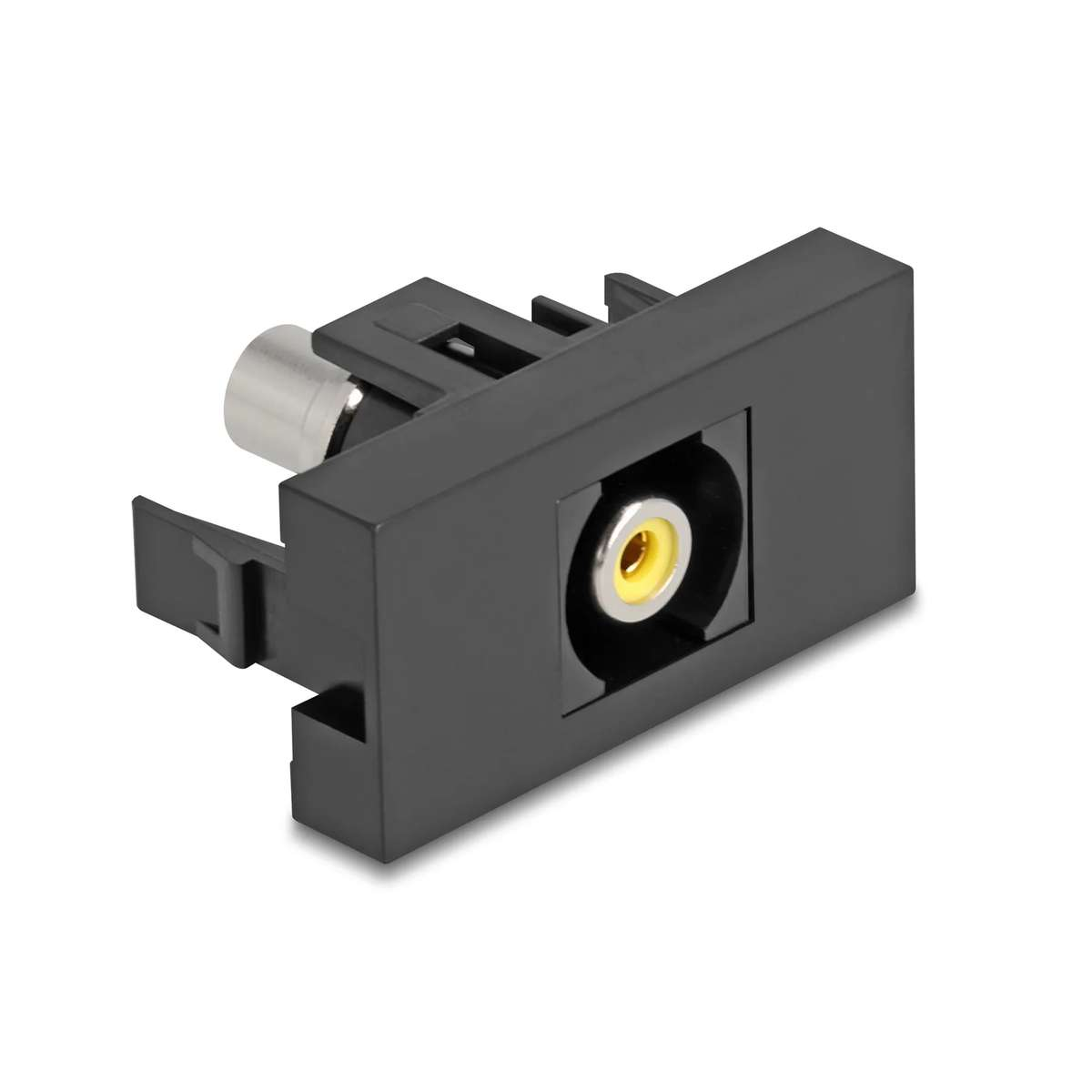 Schwarzes elektronisches Bauteil mit goldener Buchse und Clips auf einer weißen Fläche.
