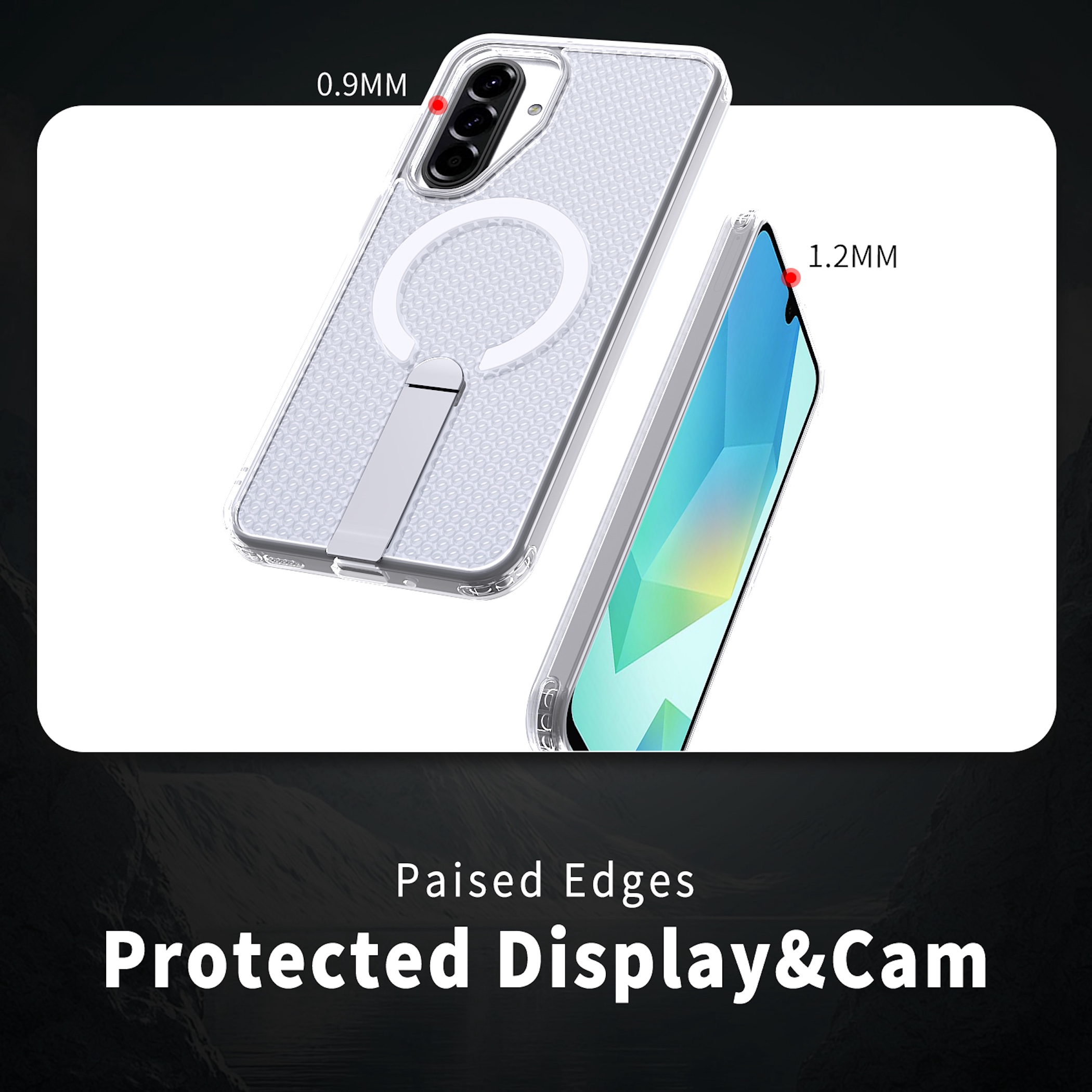 Transparente Handyhülle mit Ständer zeigt erhöhte Ränder für Display und Kamera.