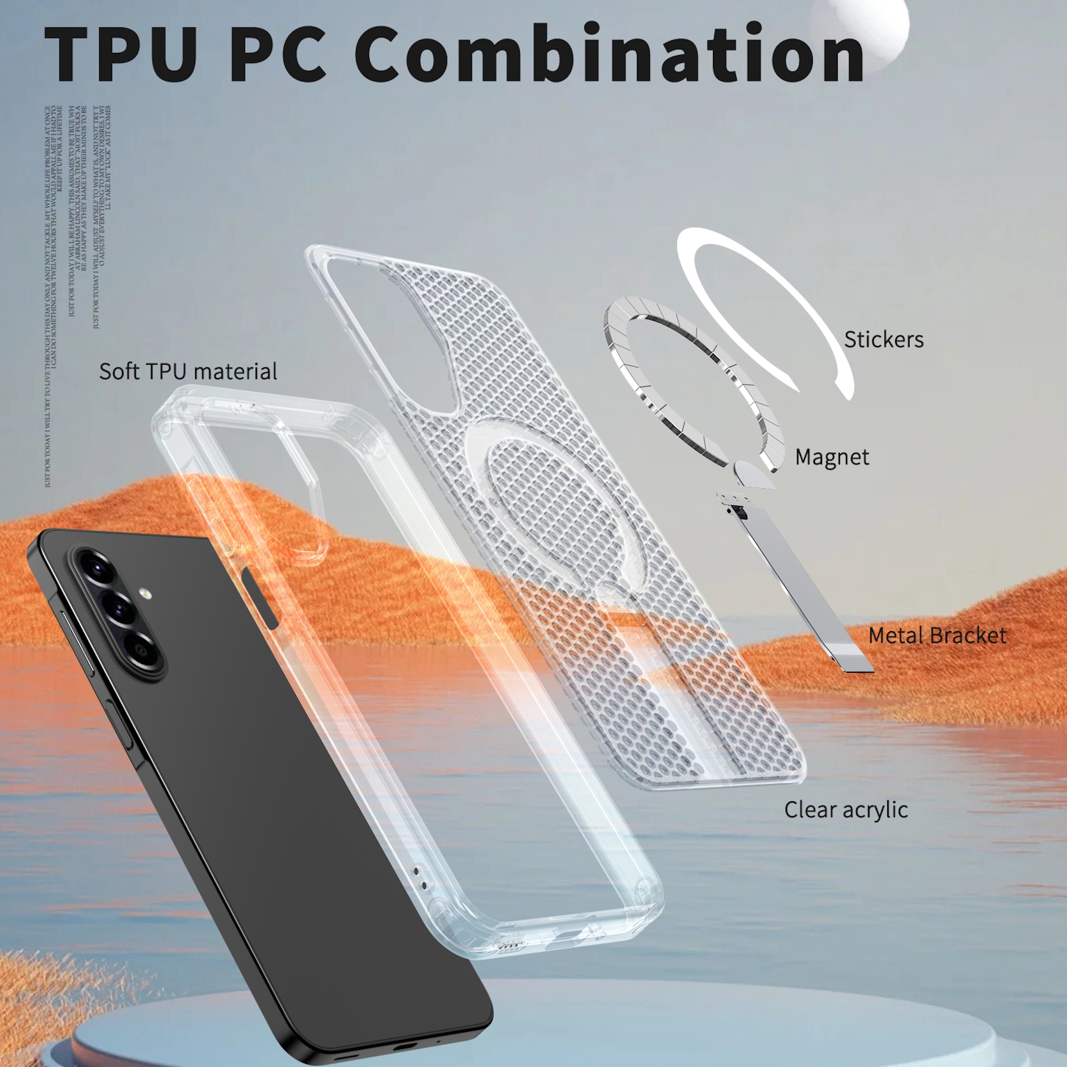 Explosionszeichnung einer TPU-PC-Handyhülle mit Schichten für weiches TPU, Acryl, Magnet und Halterung.