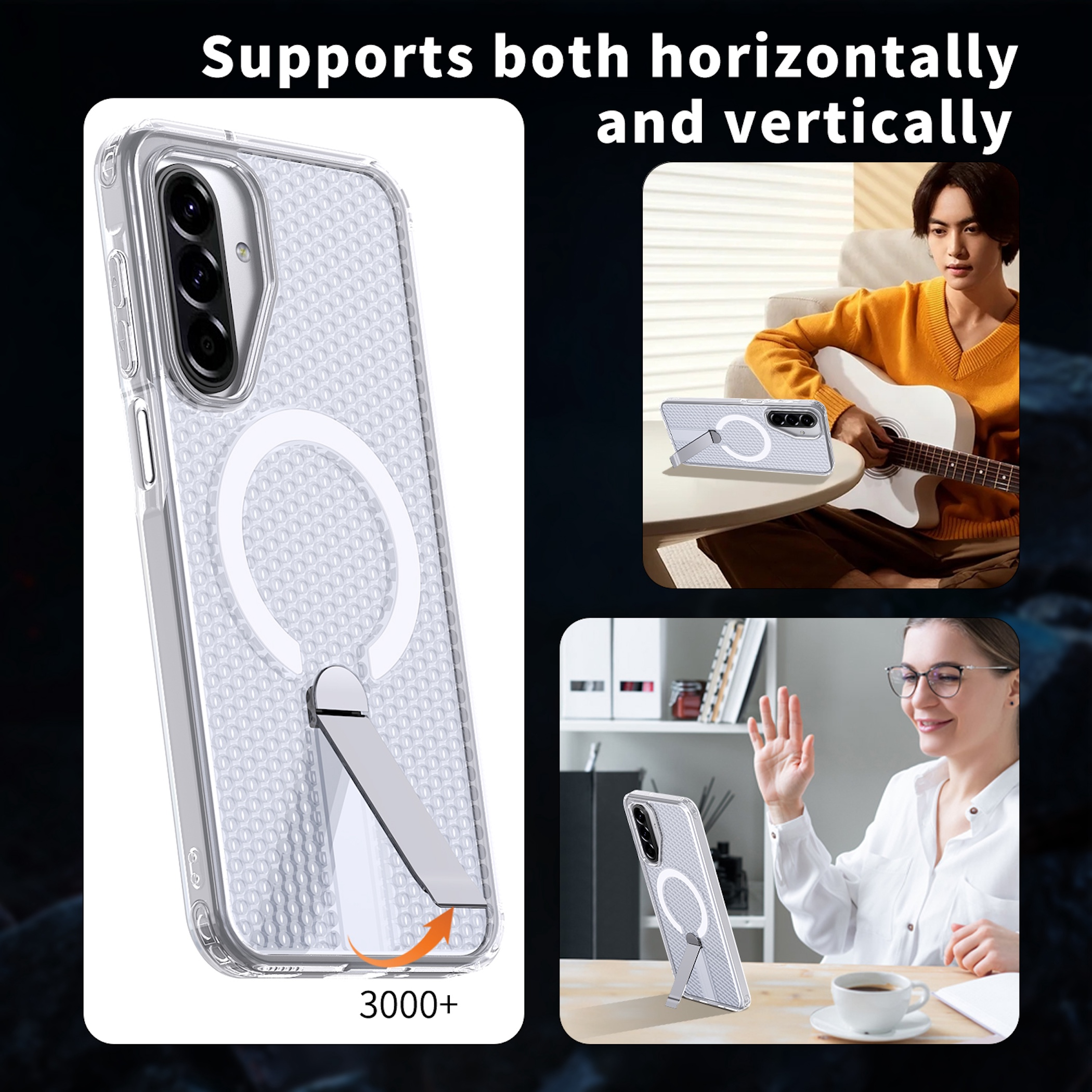 Transparente Handyhülle mit integriertem Ständer für horizontale und vertikale Nutzung.