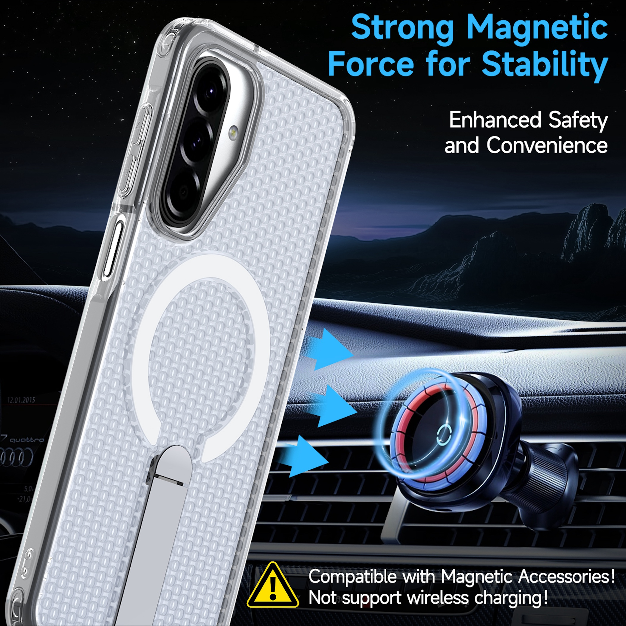 Transparente Handyhülle mit MagSafe-Ring und Ständer, ausgerichtet auf eine Autohalterung.