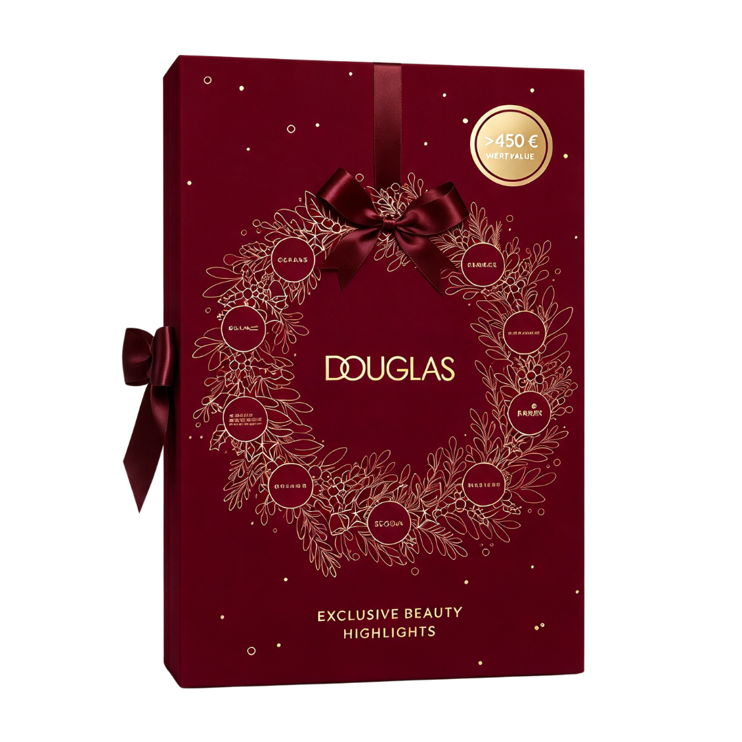 Eine bordeauxrote Douglas Adventskalender-Box mit goldenem Blumenkranz, Schleife und Wert-Siegel.