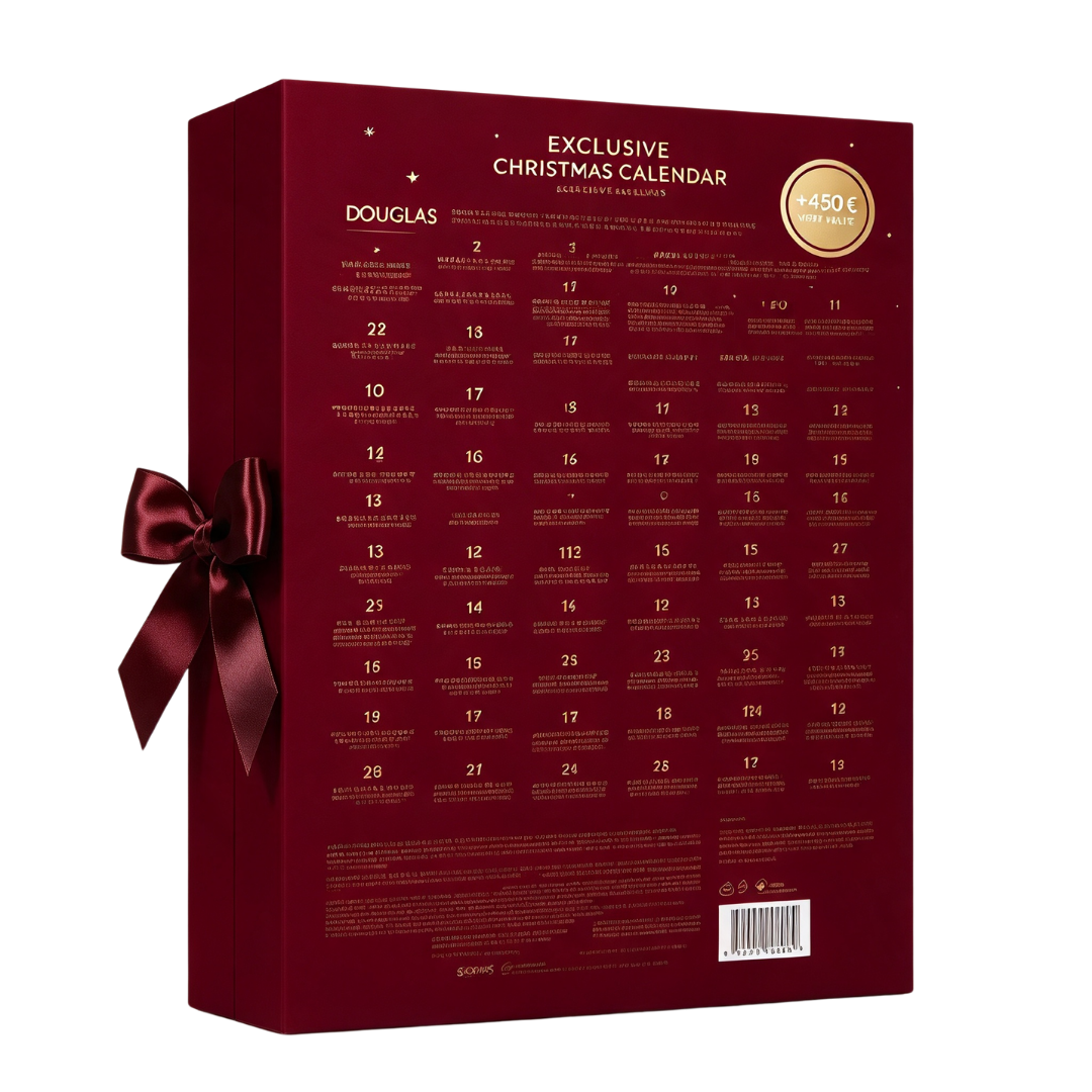 Ein roter Douglas Weihnachtskalender mit goldenen Zahlen und einer großen dunklen Schleife an der Seite.