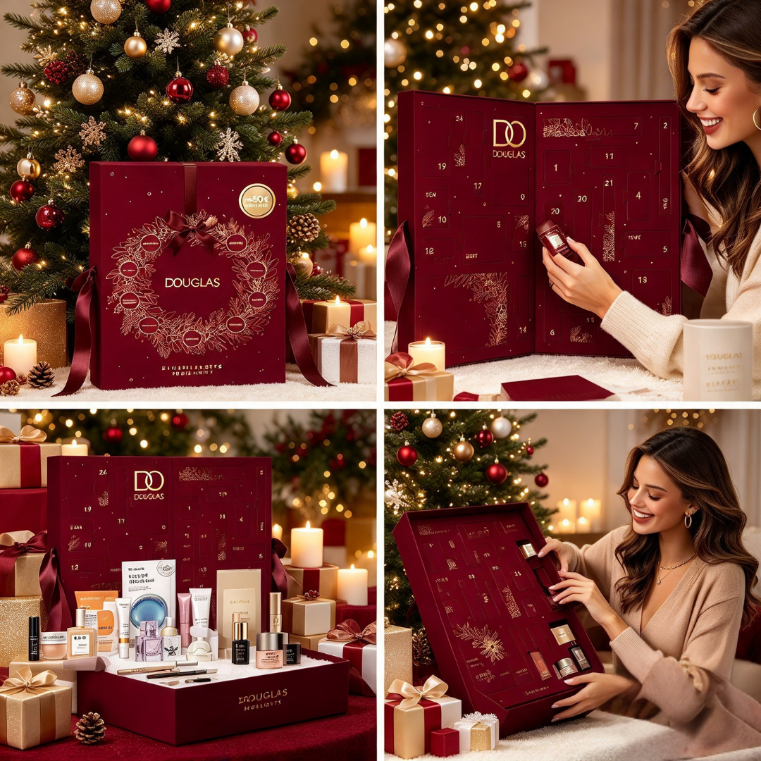 Ein Douglas Adventskalender in roter Box, dekoriert mit Weihnachtsbaum, Kerzen und Kosmetik.