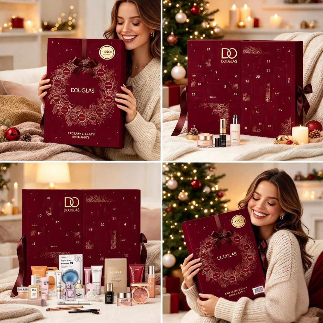 Eine Frau hält einen Douglas-Adventskalender in einem weihnachtlichen Raum.