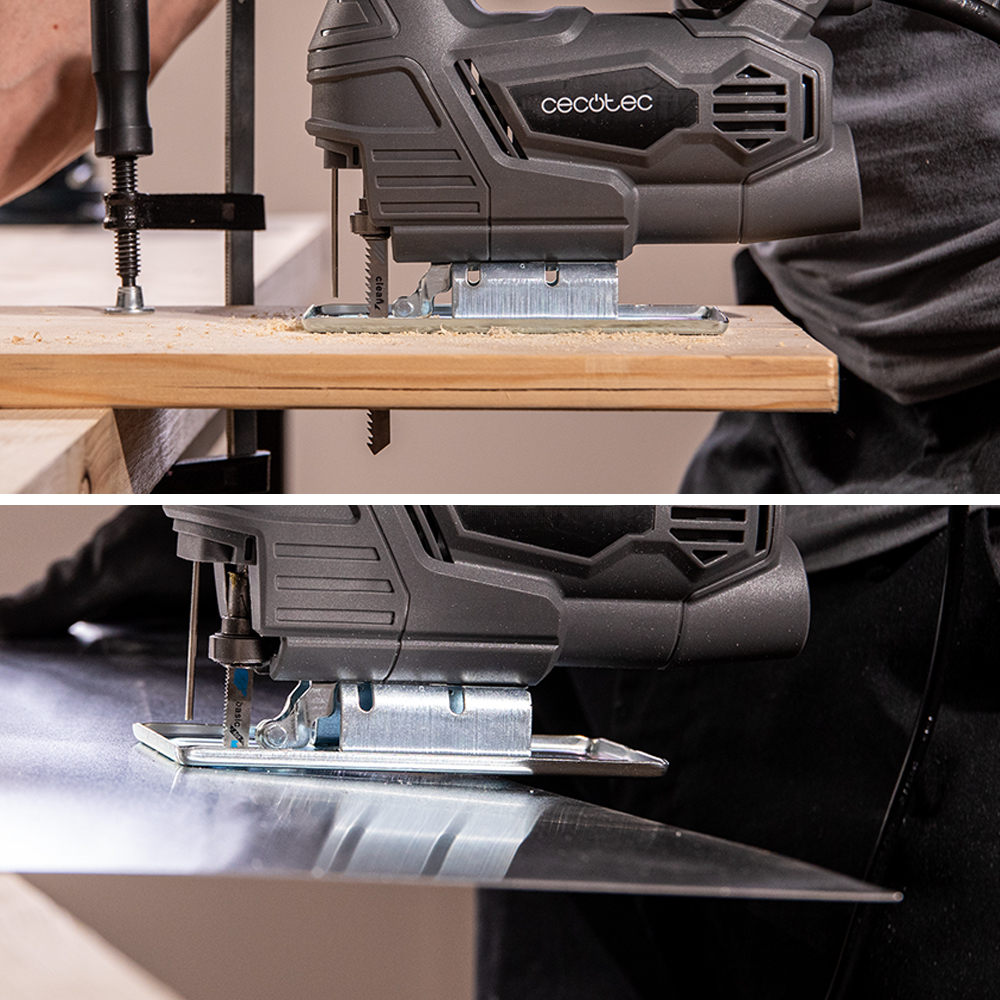 Una persona usa una sierra caladora para cortar madera y metal.