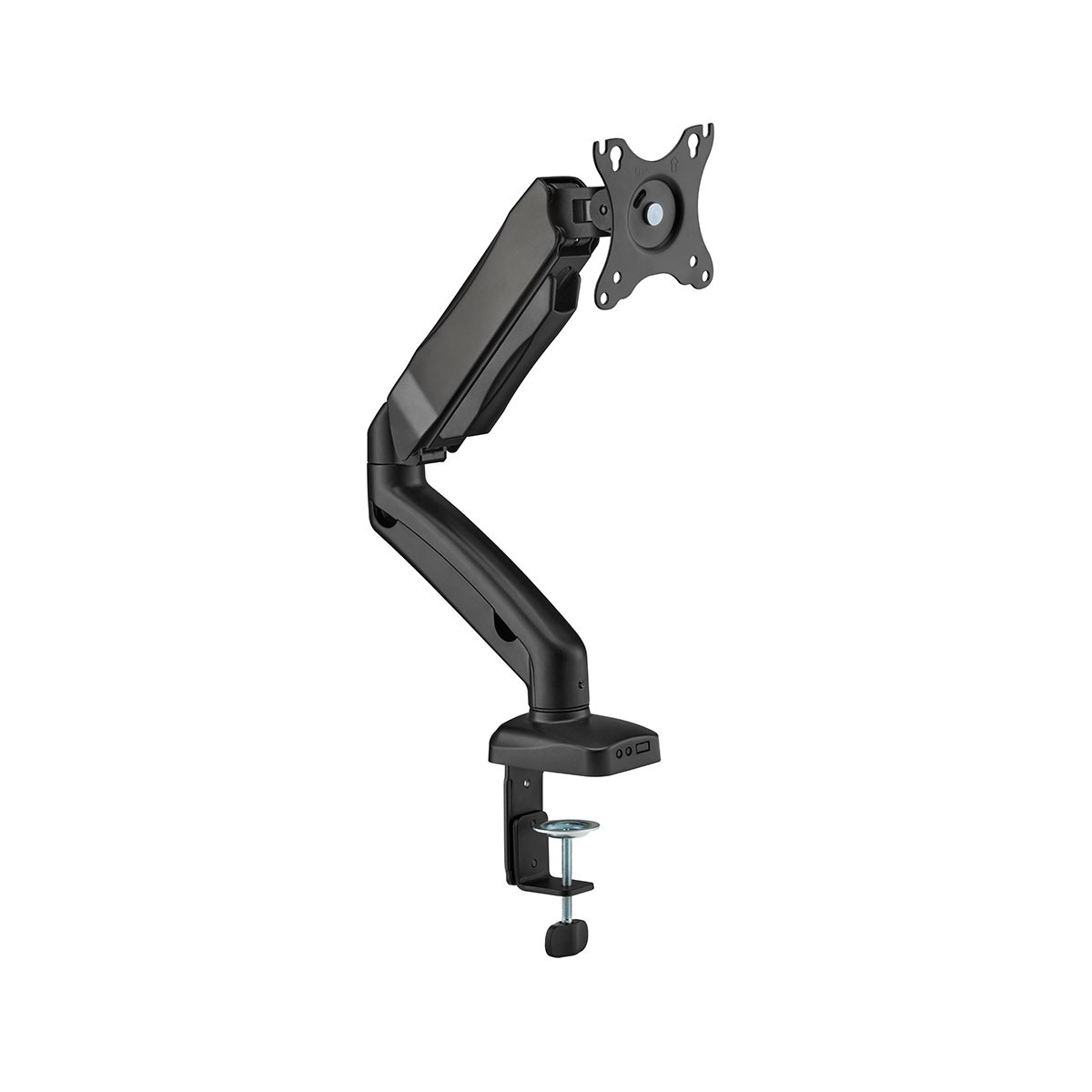 Ein schwarzer, verstellbarer Monitor-Tischhalter mit C-Klammer-Basis auf weißem Hintergrund.