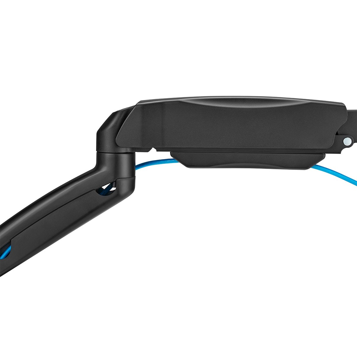 Ein schwarzer, verstellbarer Monitorarm-Gelenkmechanismus mit einem blauen Kabel.