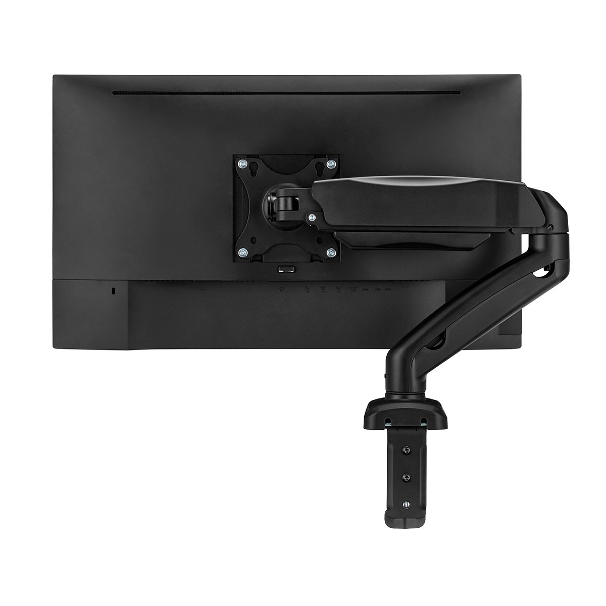 Rückansicht eines schwarzen Monitors, der an einem verstellbaren schwarzen Tischarm befestigt ist.