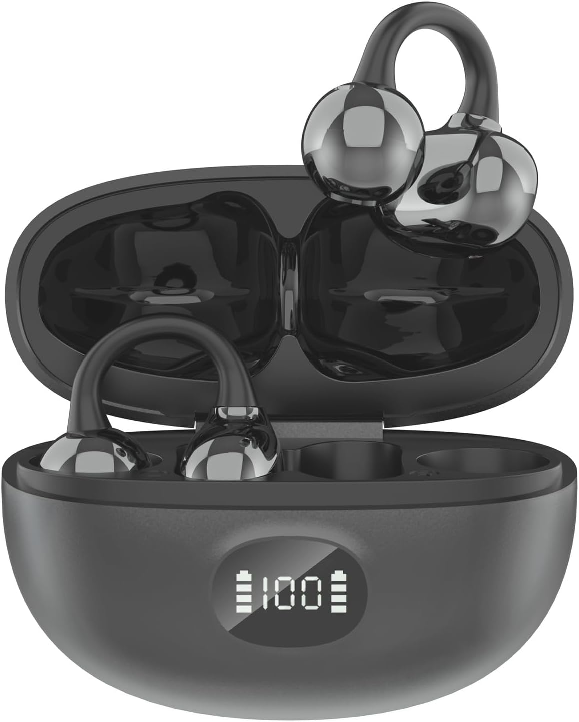 Schwarze kabellose Open-Ear-Ohrhörer mit Ladeetui, das 100 Prozent Akku anzeigt.