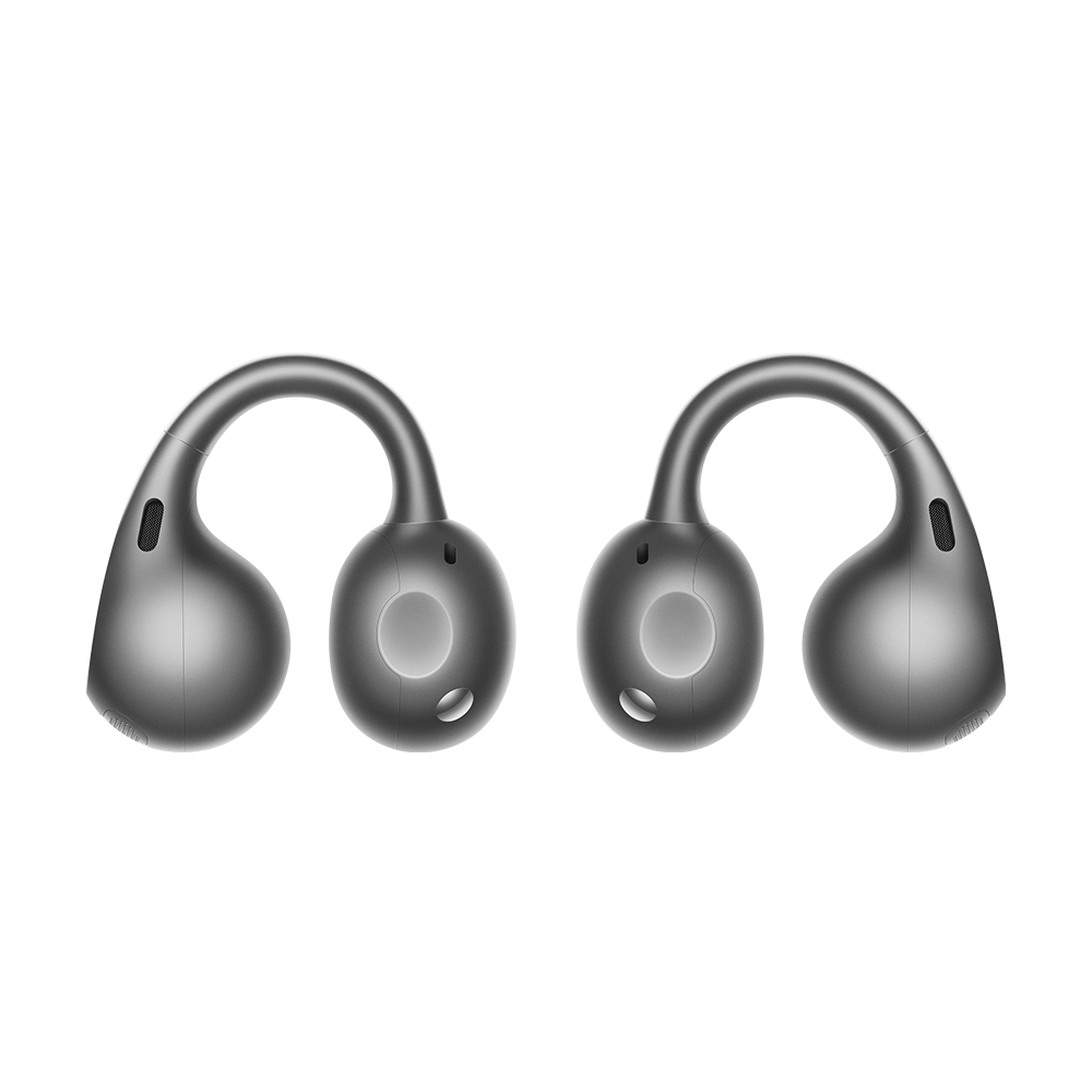 Zwei graue, geschwungene Open-Ear-Wireless-Ohrhörer vor schwarzem Hintergrund.