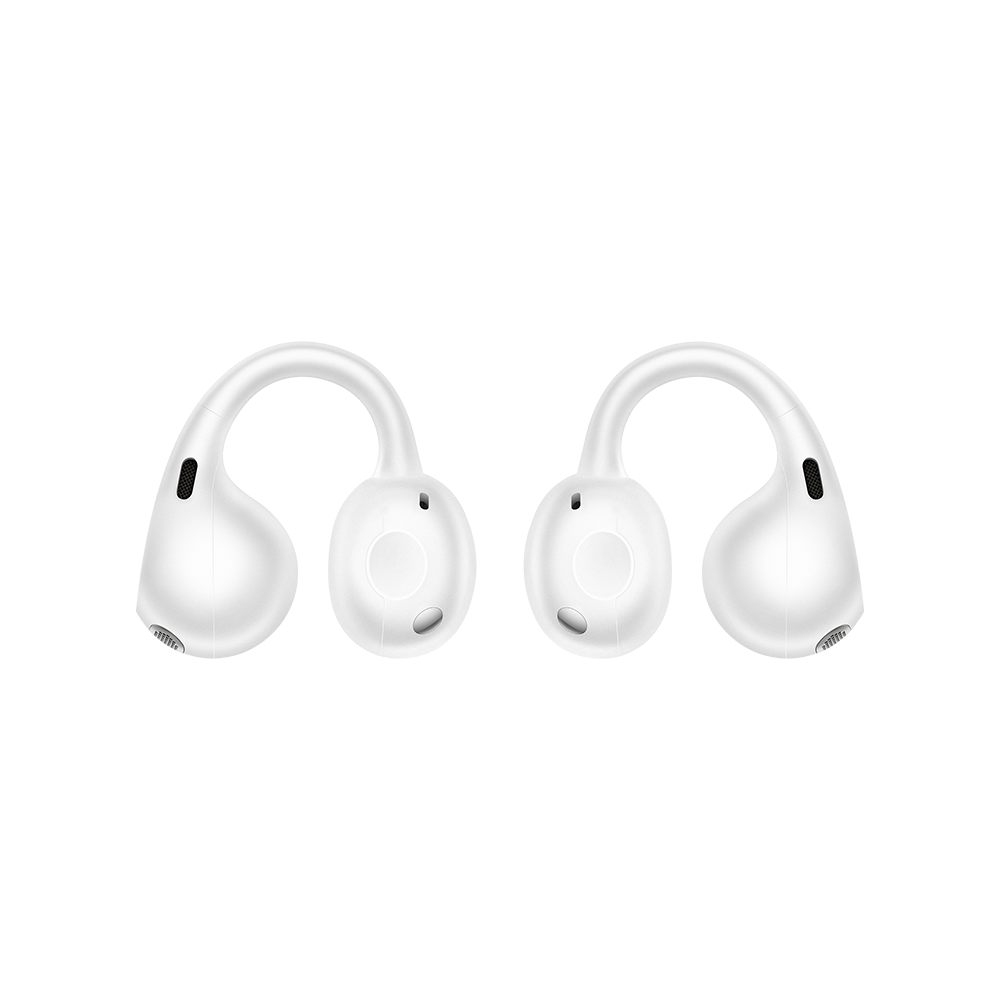 Zwei weiße, kabellose Open-Ear-Clip-In-Ohrhörer vor einfarbig schwarzem Hintergrund.