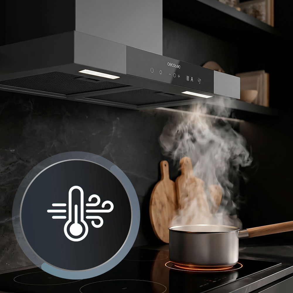 Una olla en la placa expulsa vapor bajo una campana extractora, con un icono de temperatura.