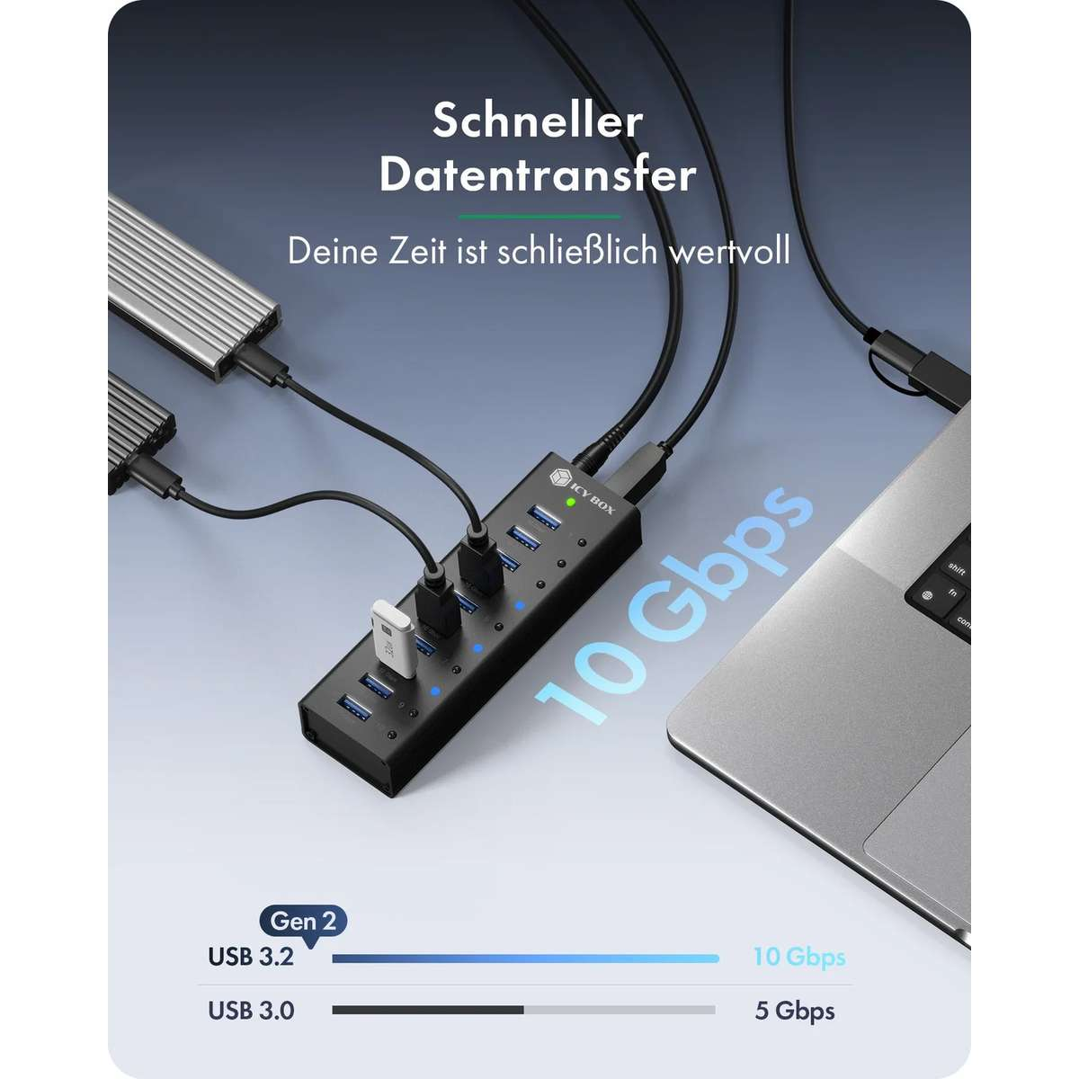 Ein schwarzer USB-Hub verbindet Geräte mit einem Laptop für schnellen Datentransfer bis zu 10 Gbps.