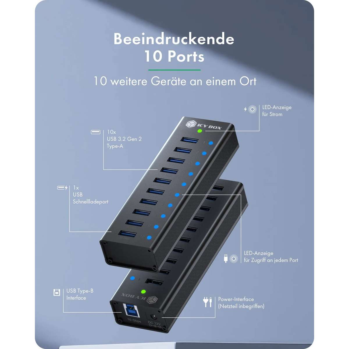 Icy Box USB-Hub mit 10 Ports und LED-Anzeigen auf einem blauen Hintergrund mit erklärenden Texten.