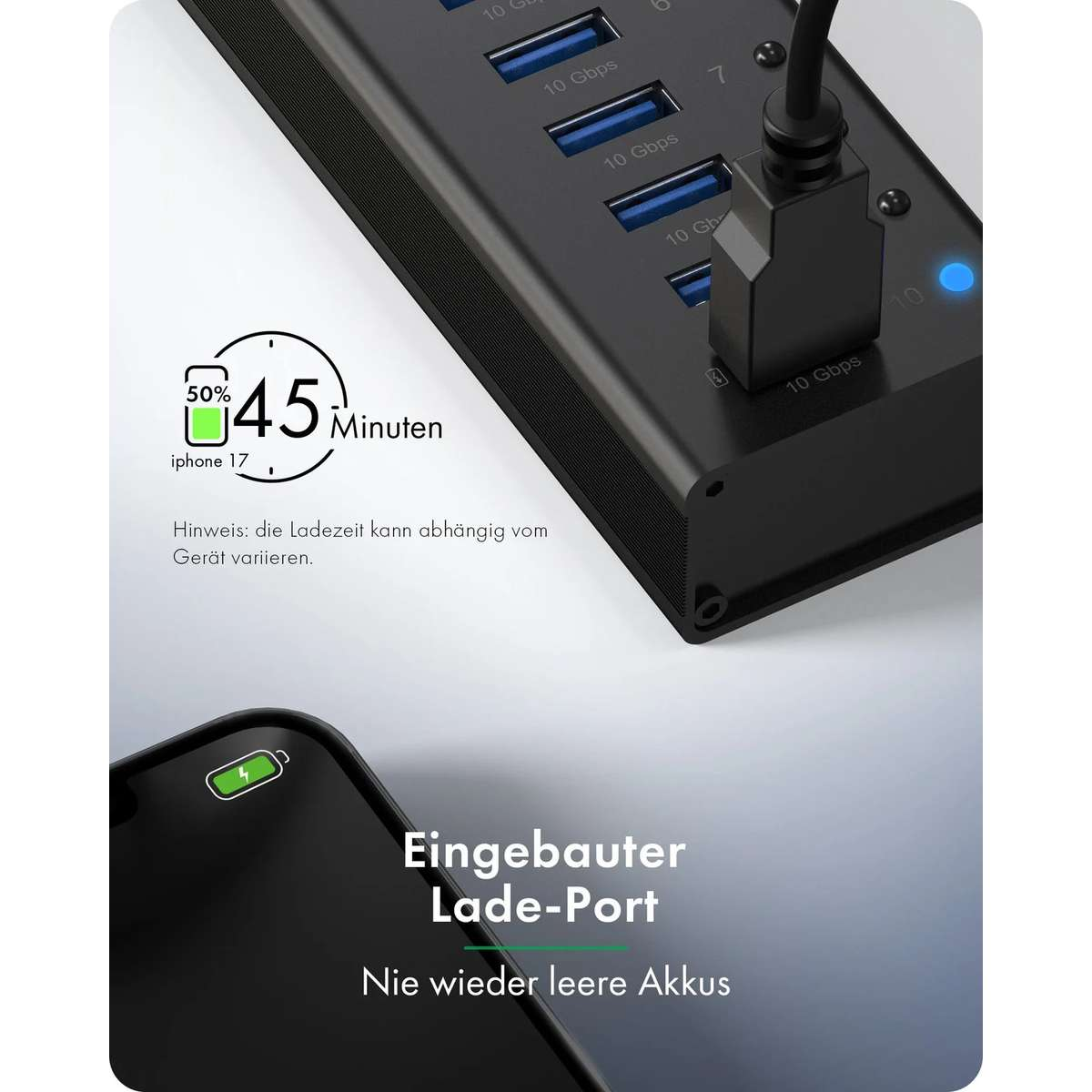 Ein schwarzer USB-Hub mit 10-Gbps-Anschlüssen und einem Ladegerät, das 50% in 45 Minuten anzeigt.