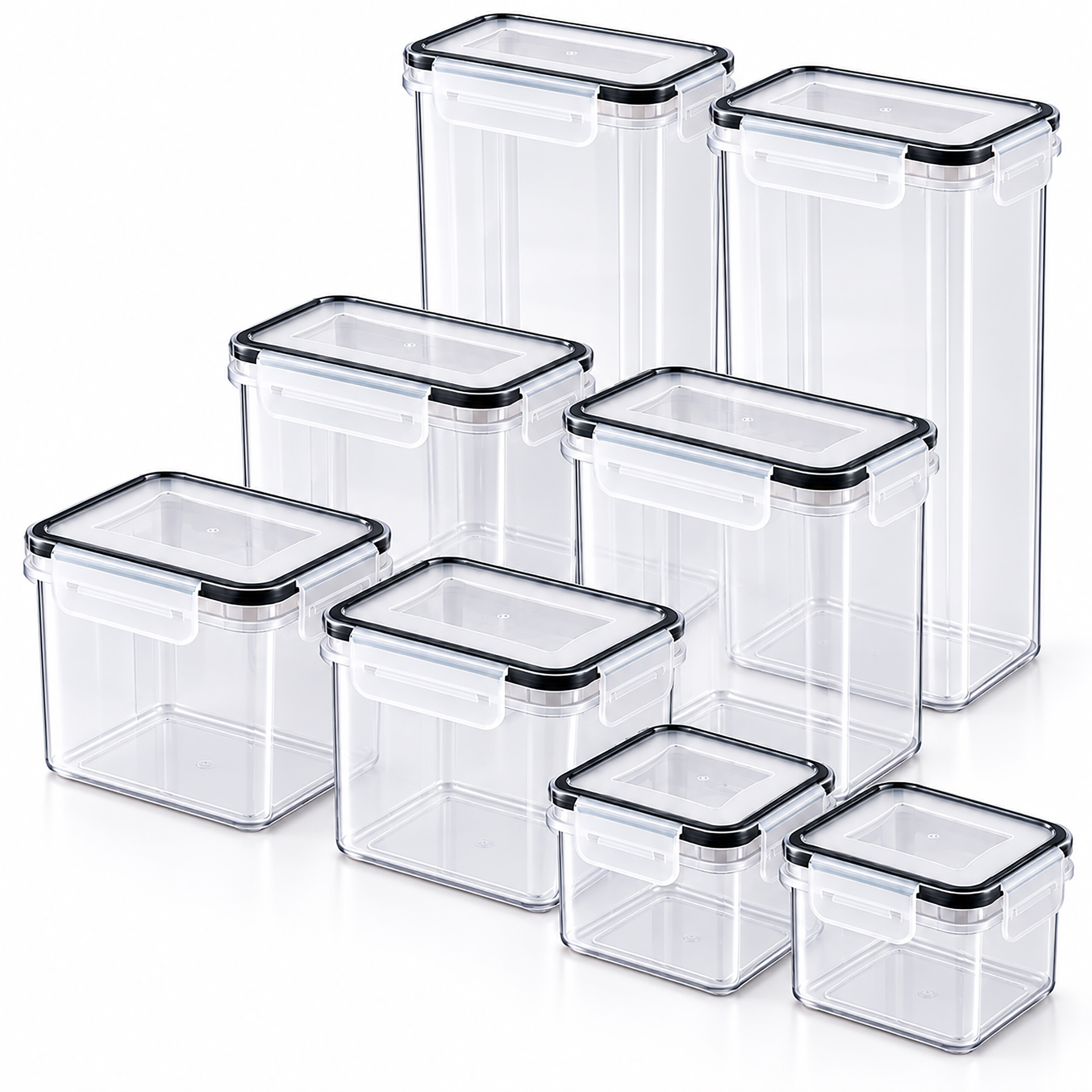 Ein Set aus sieben klaren Vorratsdosen mit schwarzen Dichtungsringen und Klappdeckeln.