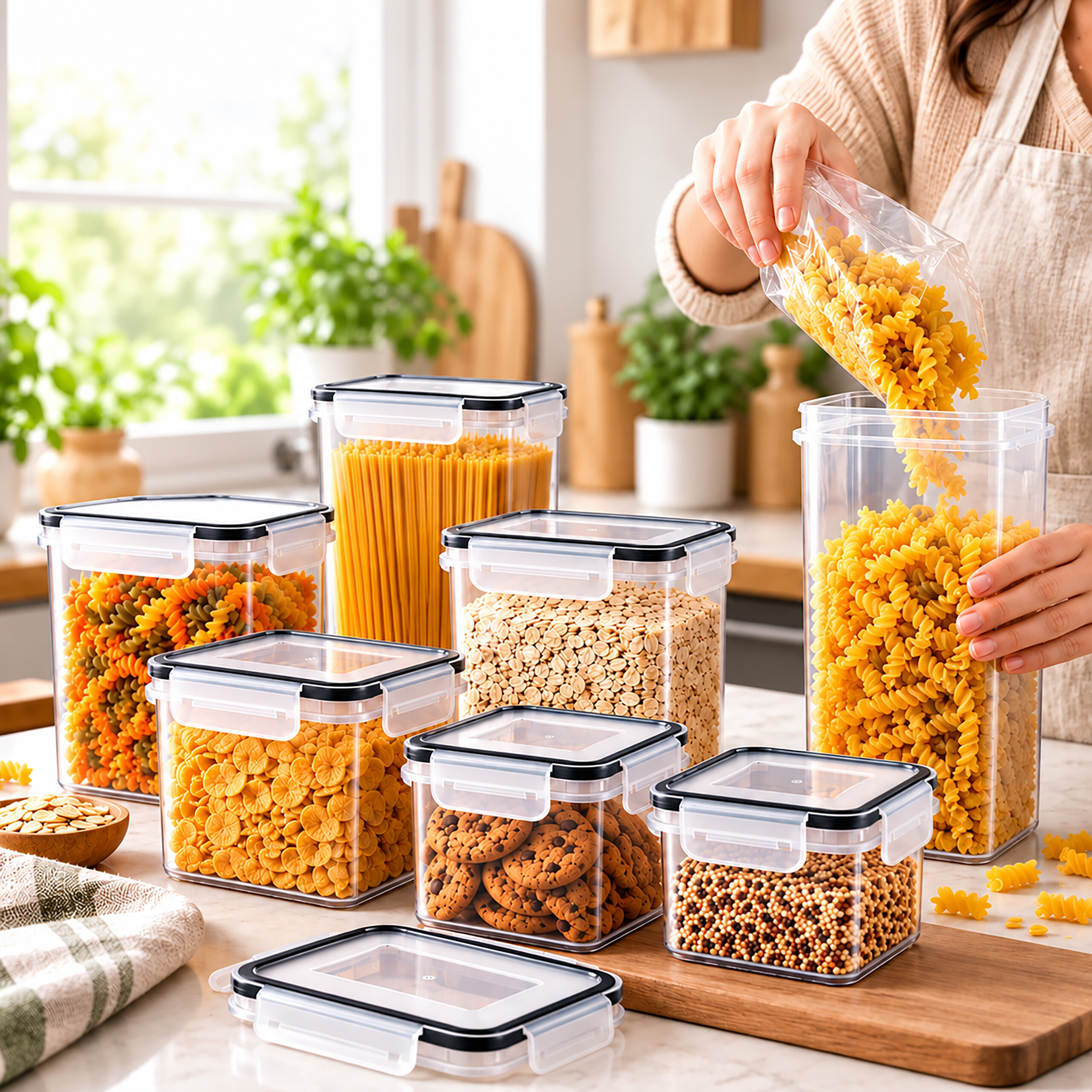 Eine Person füllt Fusilli-Nudeln aus einer Plastiktüte in einen transparenten Vorratsbehälter in einer Küche.