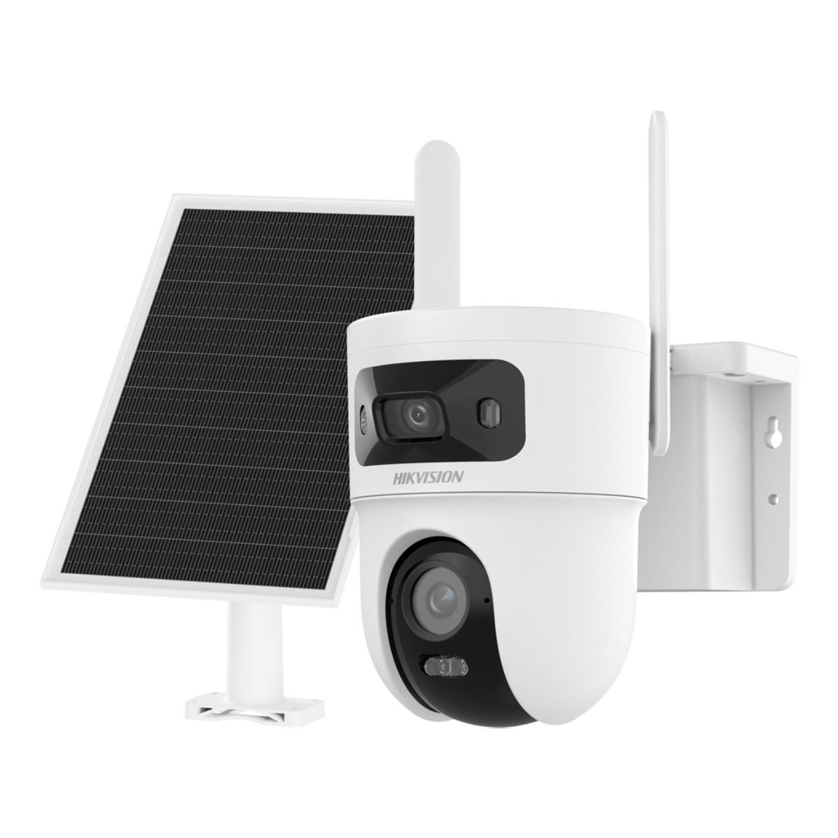 Weiße Hikvision Überwachungskamera mit zwei Antennen und einem kleinen Solarpanel auf weißem Hintergrund.