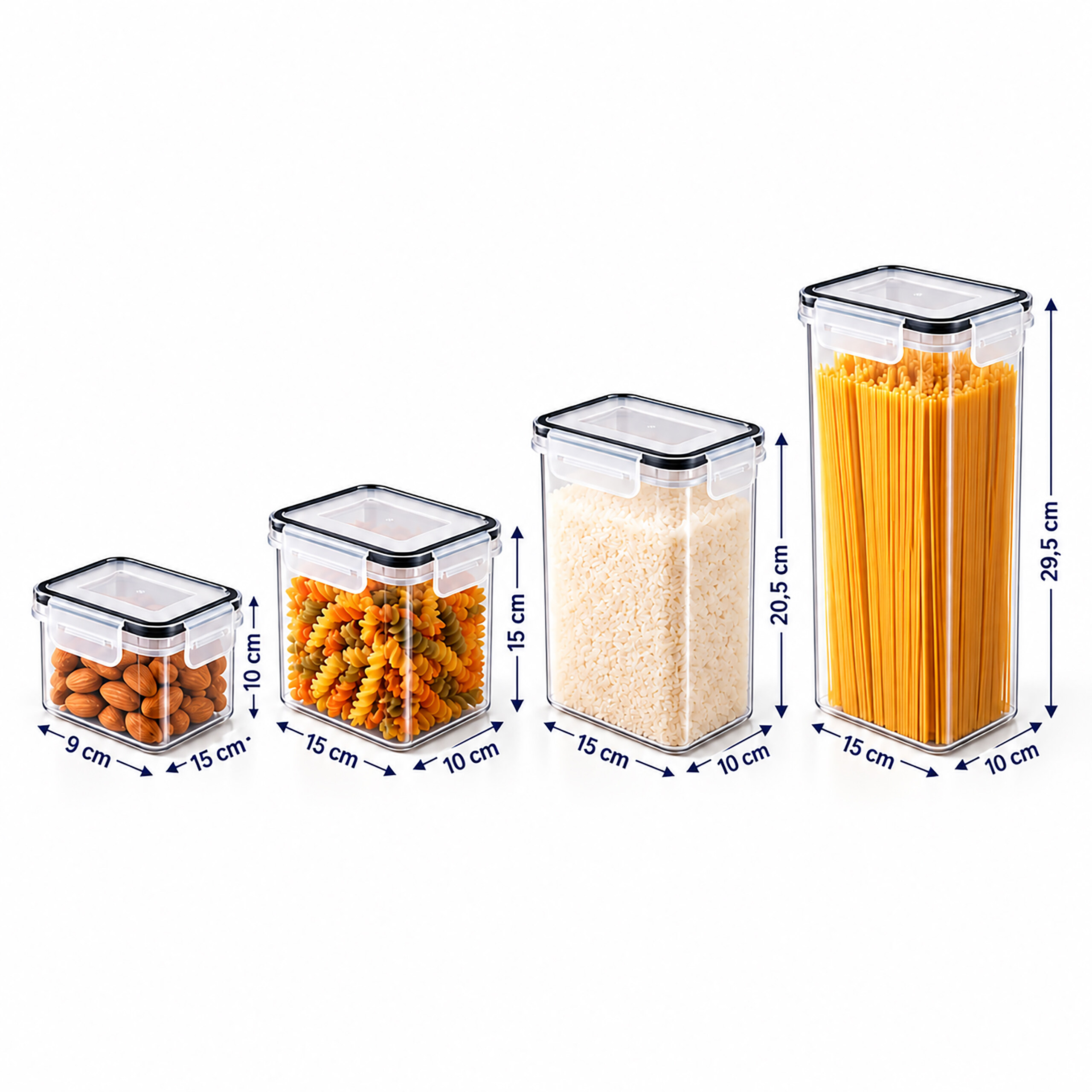 Vier transparente Vorratsdosen mit Maßen filled mit Mandeln, Nudeln, Reis und Spaghetti.