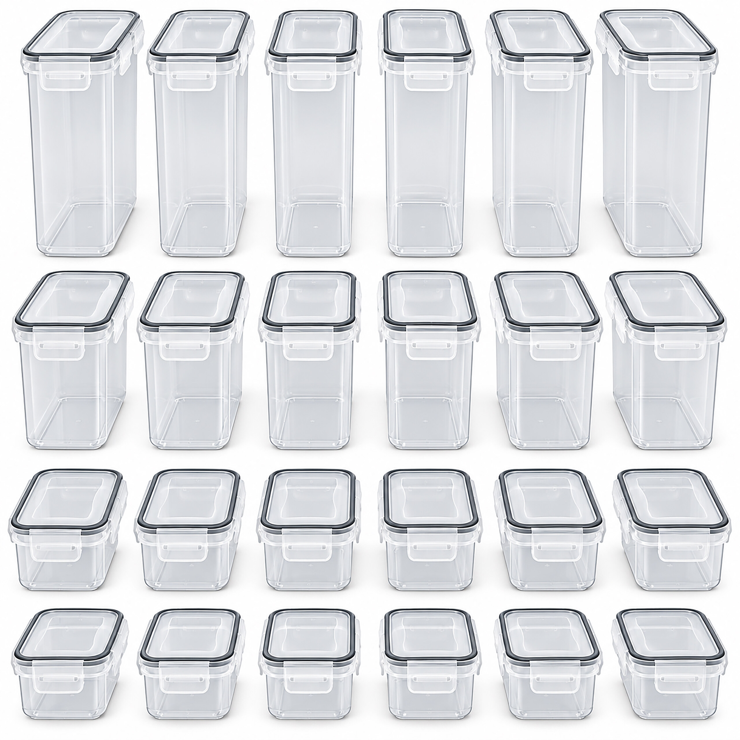 Ein Grid aus transparenten Vorratsdosen aus Plastik mit grauen Dichtungen auf weißem Hintergrund.