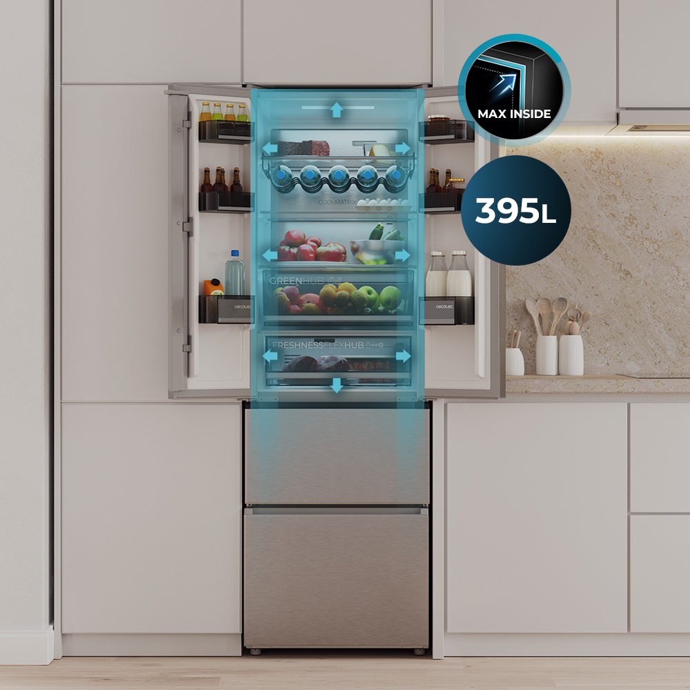 Un refrigerador de acero inoxidable abierto destaca su capacidad de 395L y espacio interior con superposiciones azules.